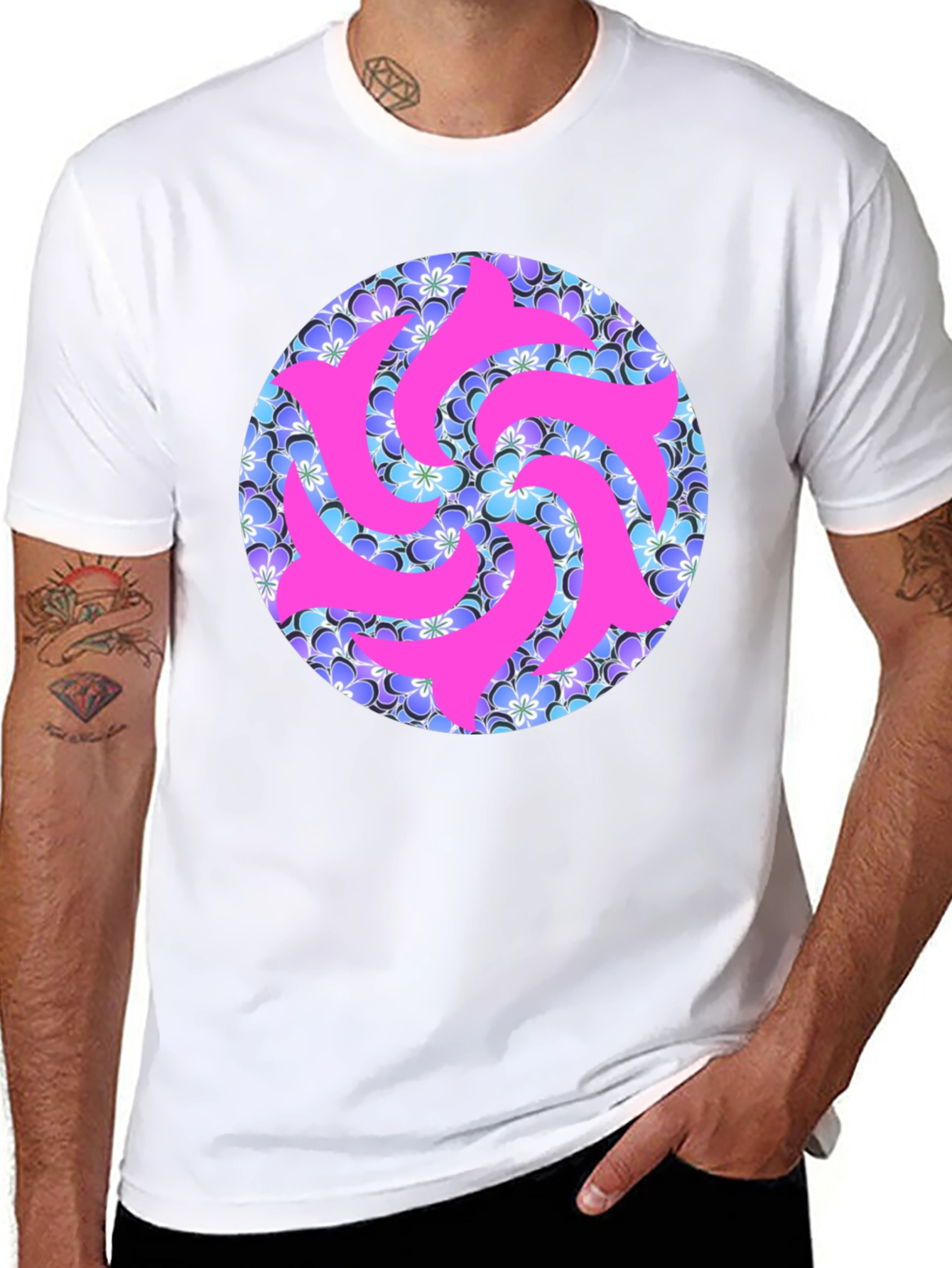 Black Vibrant Floral & Abstract Pink Swirl T-Shirt view 8