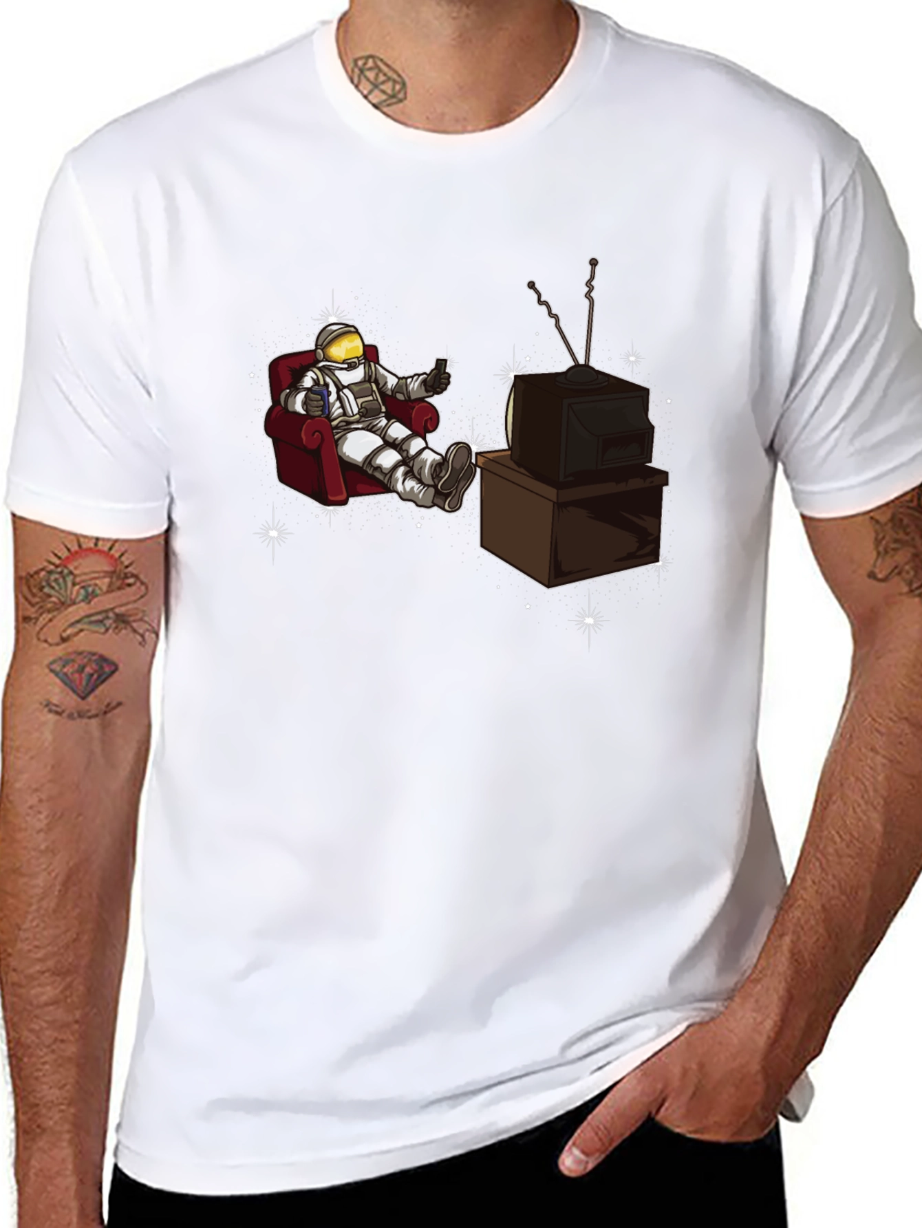 Black Astronaut Watching TV Graphic T-Shirt view 8