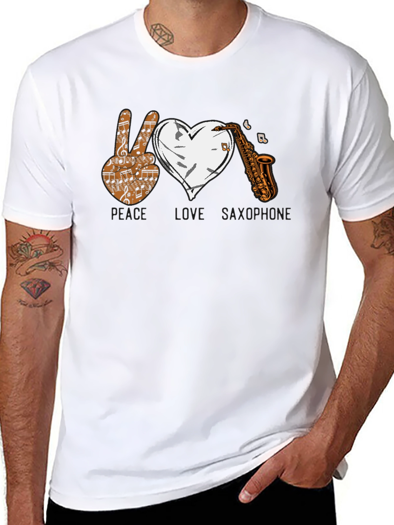 Black Peace Love Saxophone Graphic T-Shirt view 8