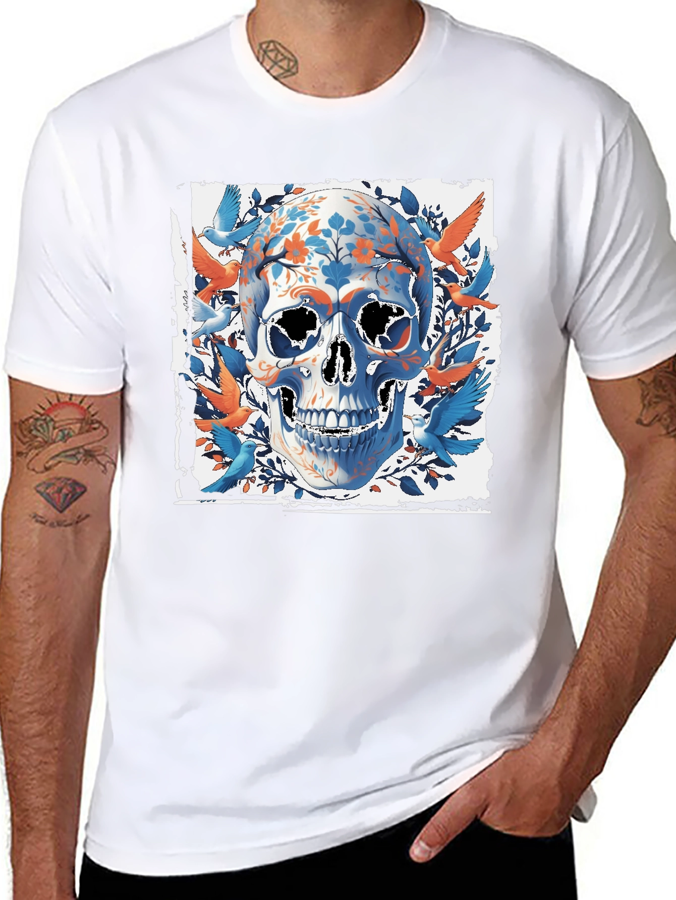 Black Floral Skull & Birds Graphic Tee - Unique Design view 8