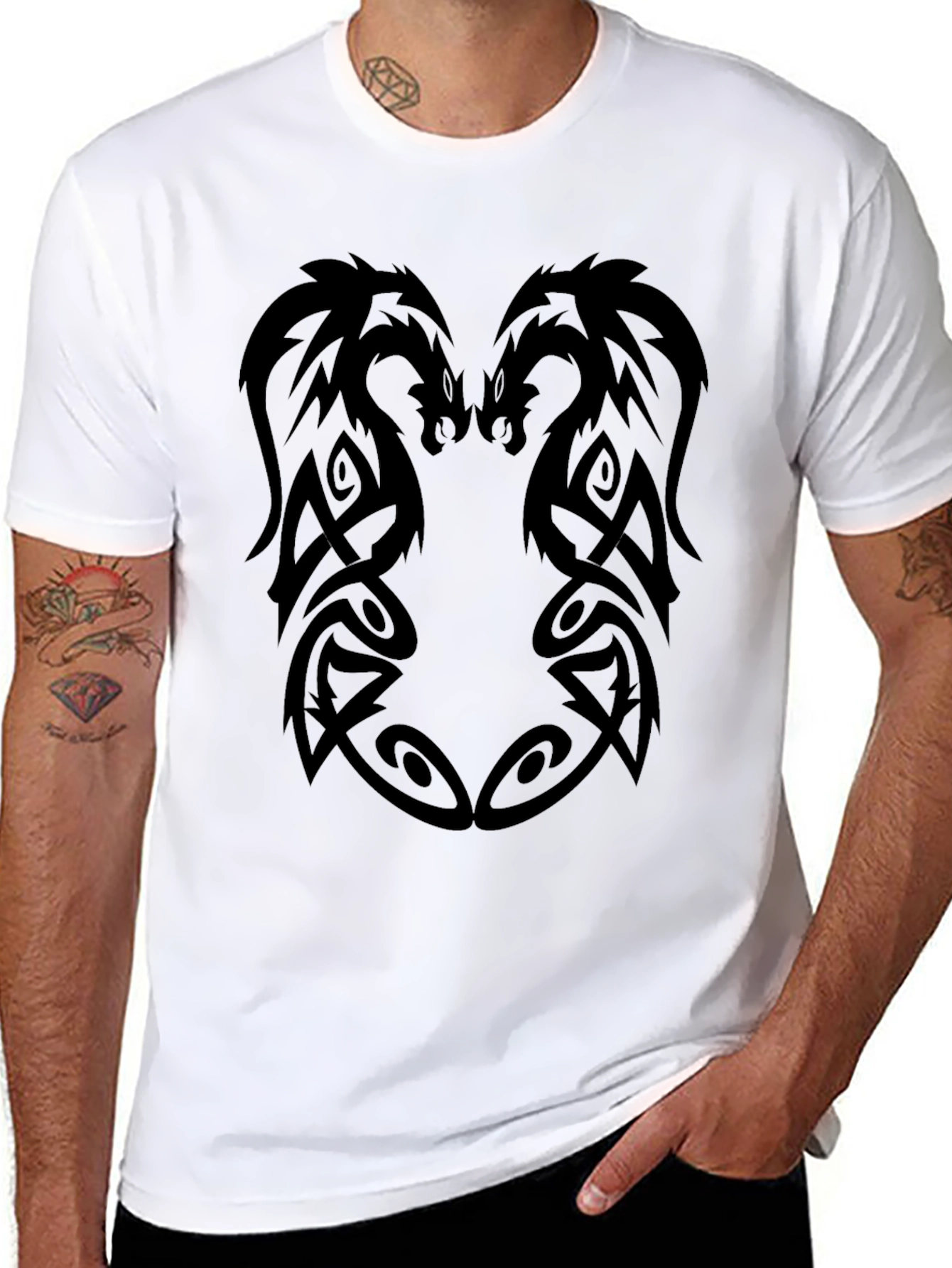 Black Tribal Dragon Graphic Black T-Shirt view 8