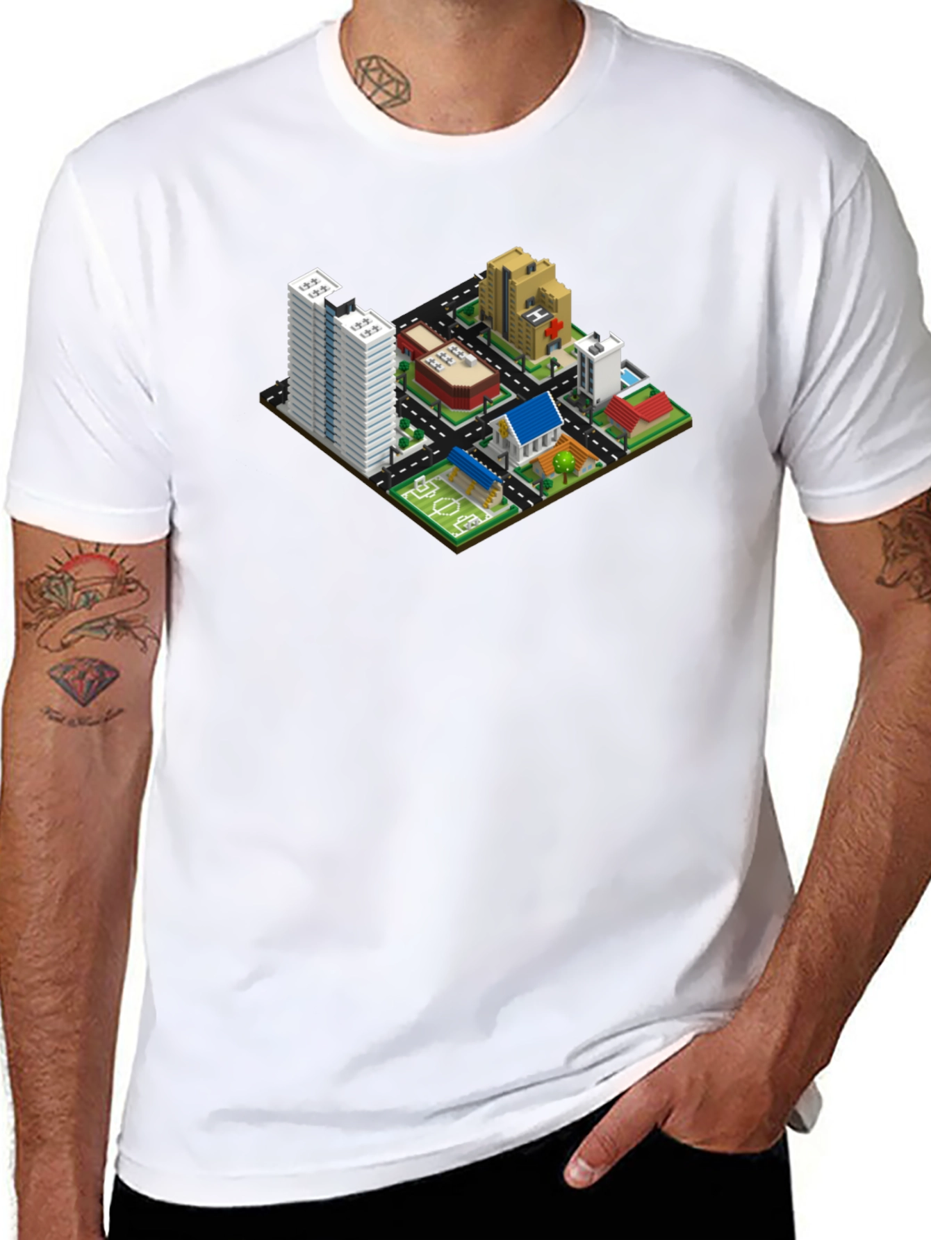 Black Isometric Cityscape Graphic Tee - Black Cotton T-Shirt view 8
