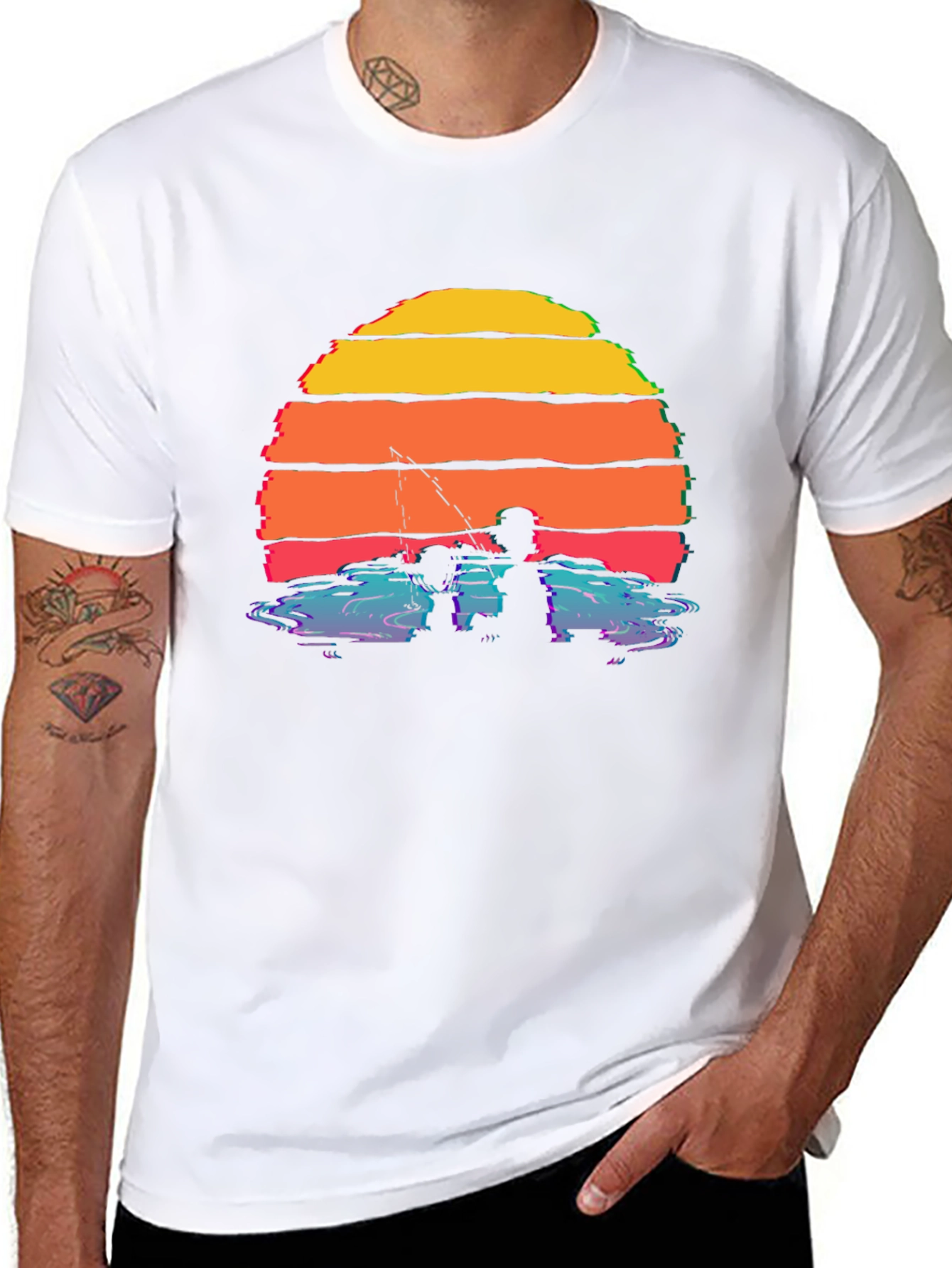 Black Sunset Fishing Silhouette T-Shirt view 8