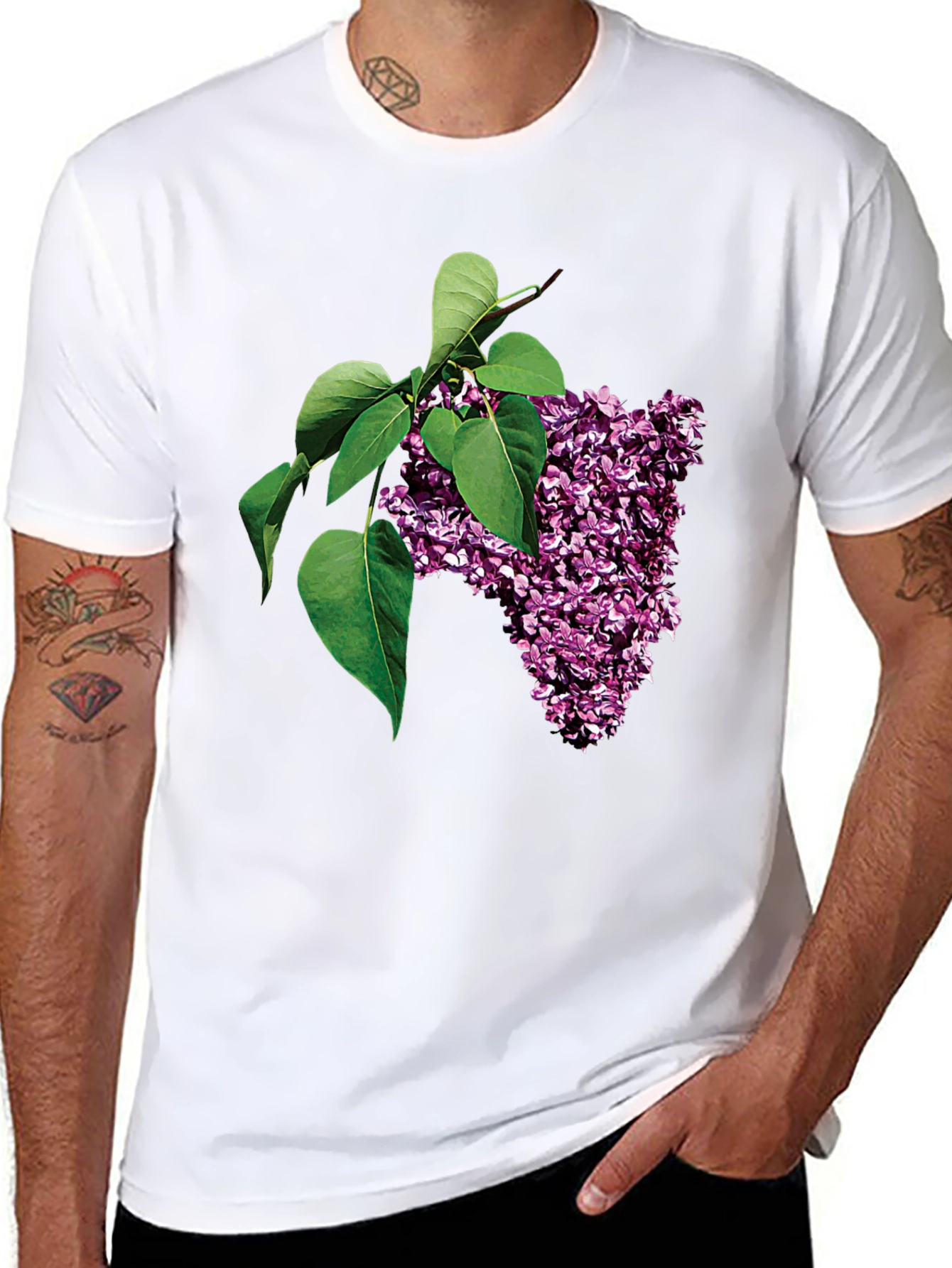 Black Lilac Blossom Graphic Tee - Black Cotton Casual Wear view 8