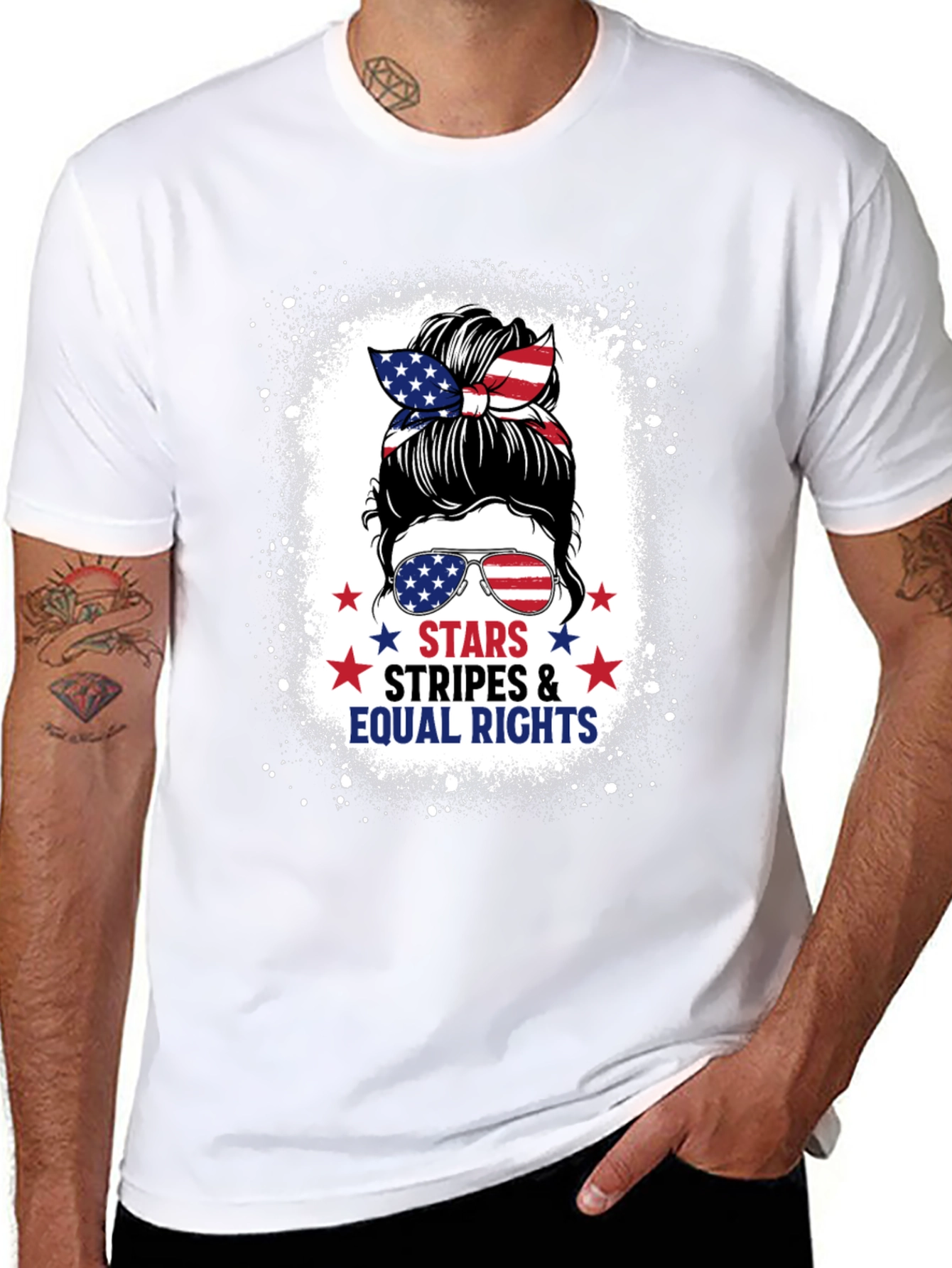 Black Stars Stripes & Equal Rights Messy Bun T-Shirt view 8
