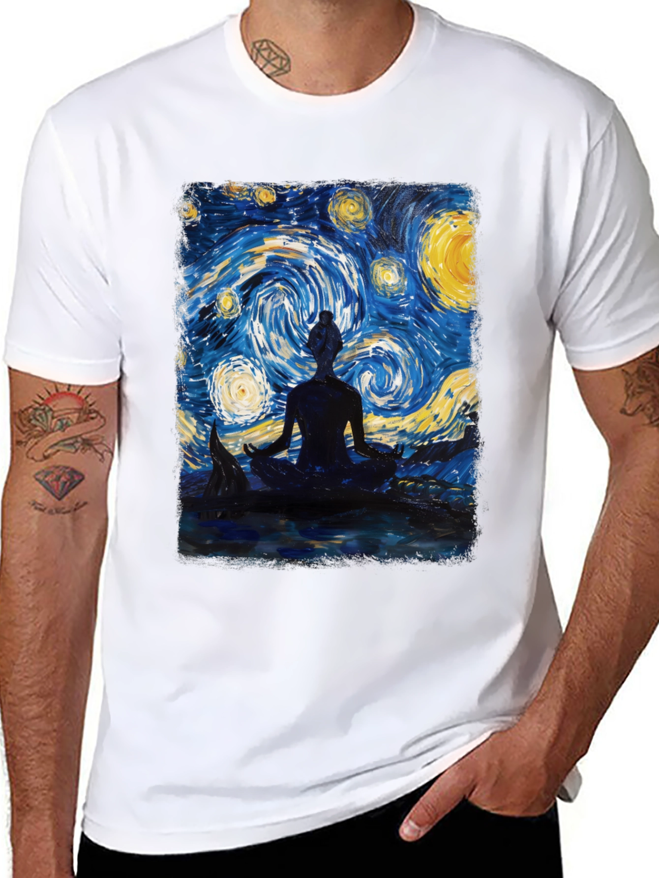 Black Starry Night Meditation T-Shirt view 8