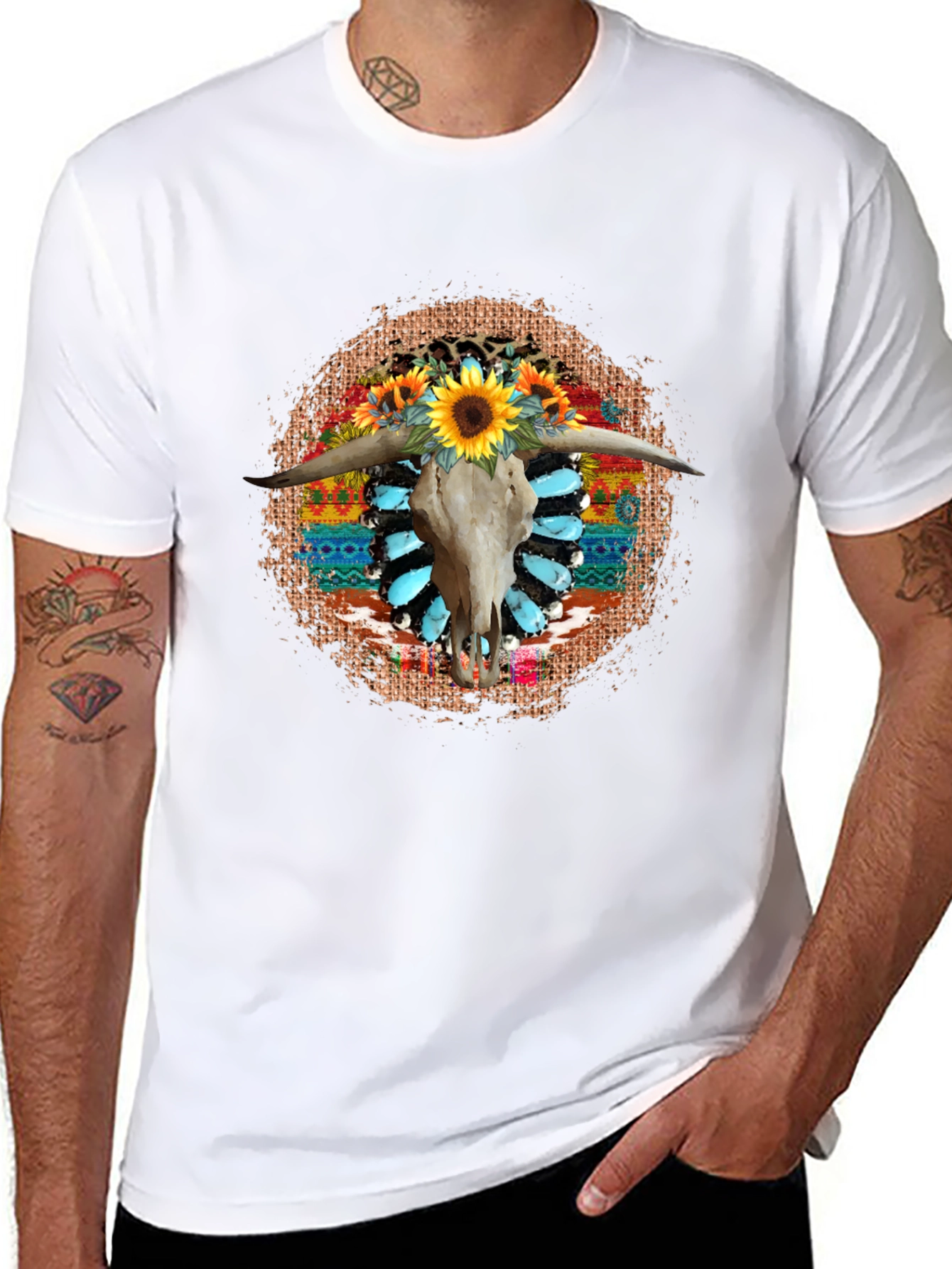 Black Rustic Steer Skull Sunflower Graphic Tee view 8