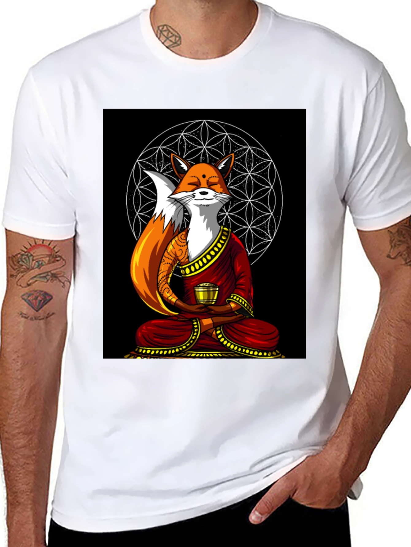 Black Zen Fox T-Shirt - Meditating Design view 8