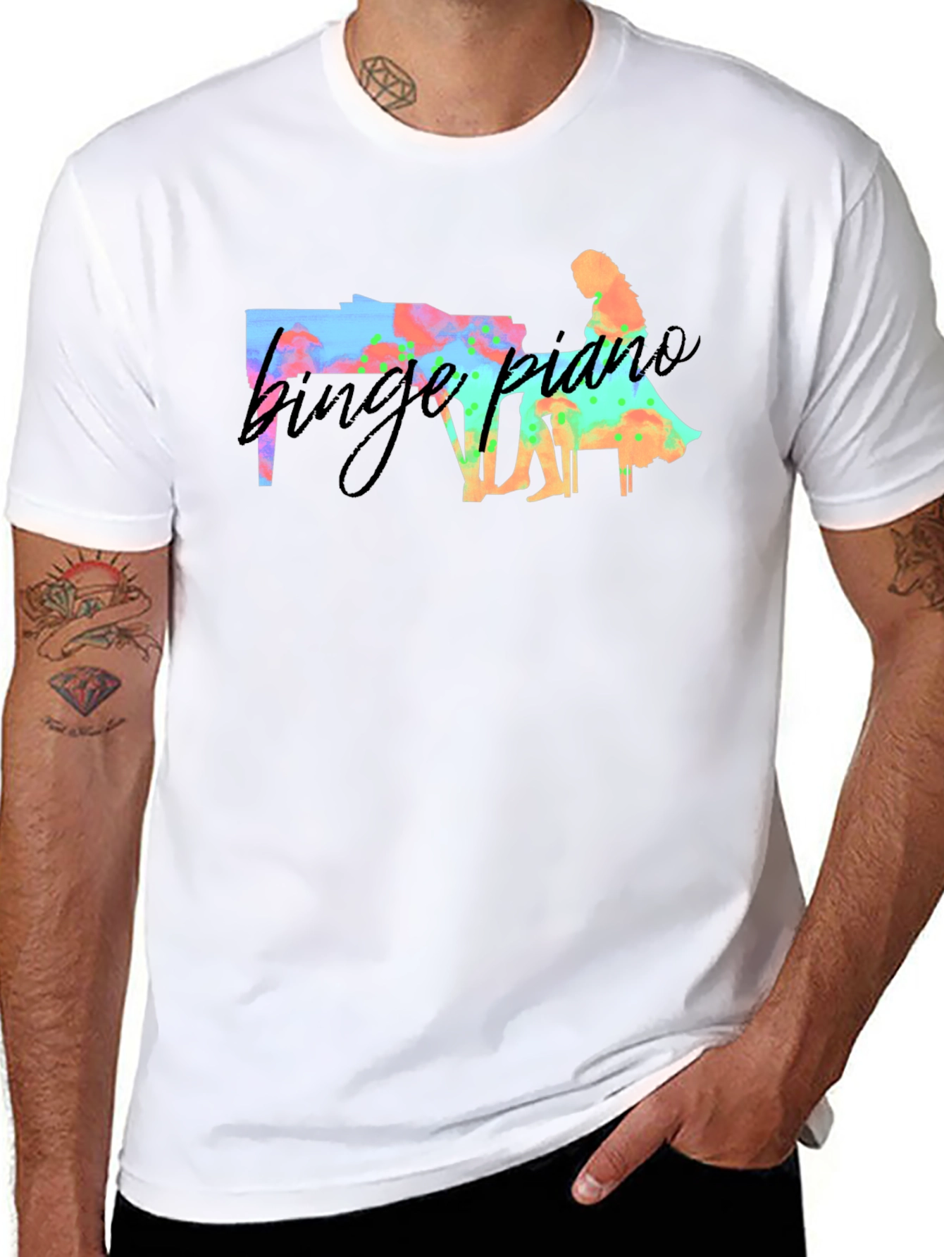 Black Binge Piano T-Shirt - Unique Watercolor Design view 8