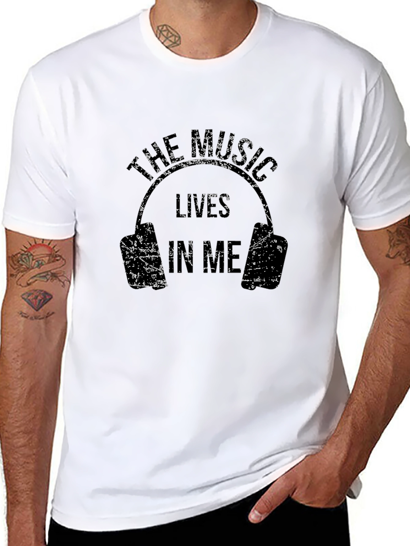 Black The Music Lives In Me Headphones Black T-Shirt view 8