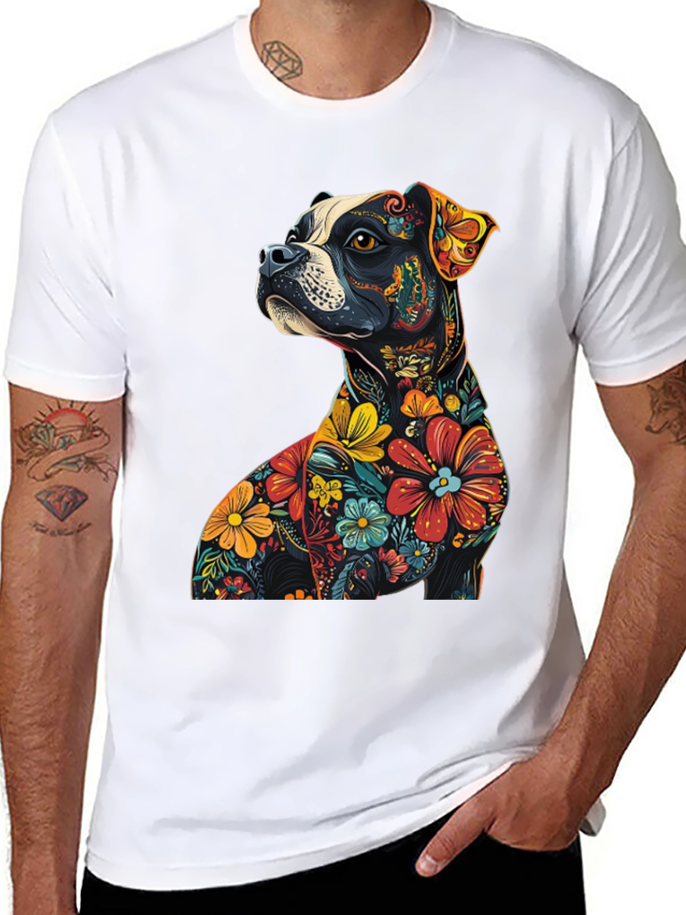 Black Floral Dog Graphic Tee - Unique Black T-Shirt view 8