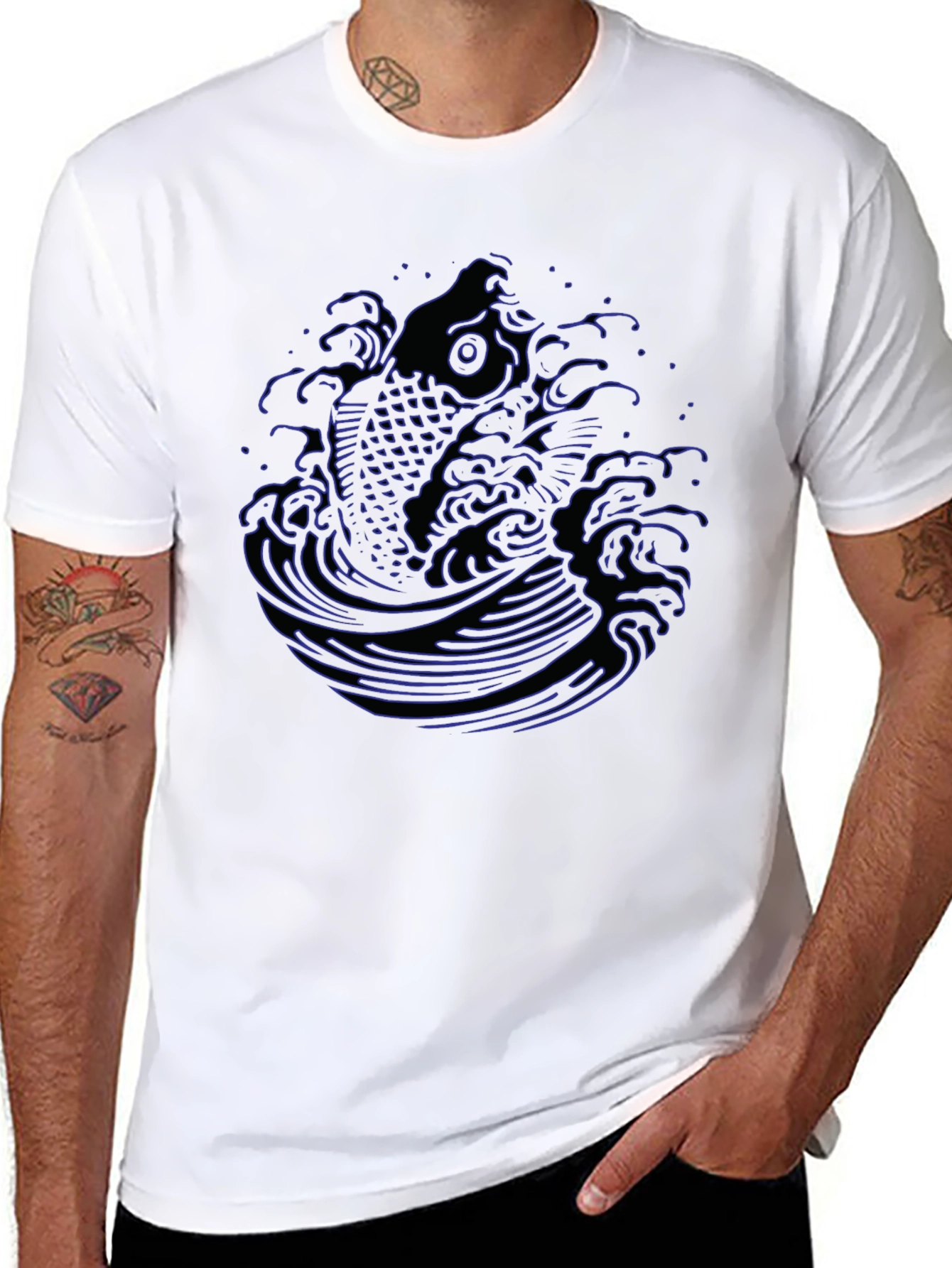 Black Koi Fish Wave Graphic Tee - Men's Black T-Shirt view 8
