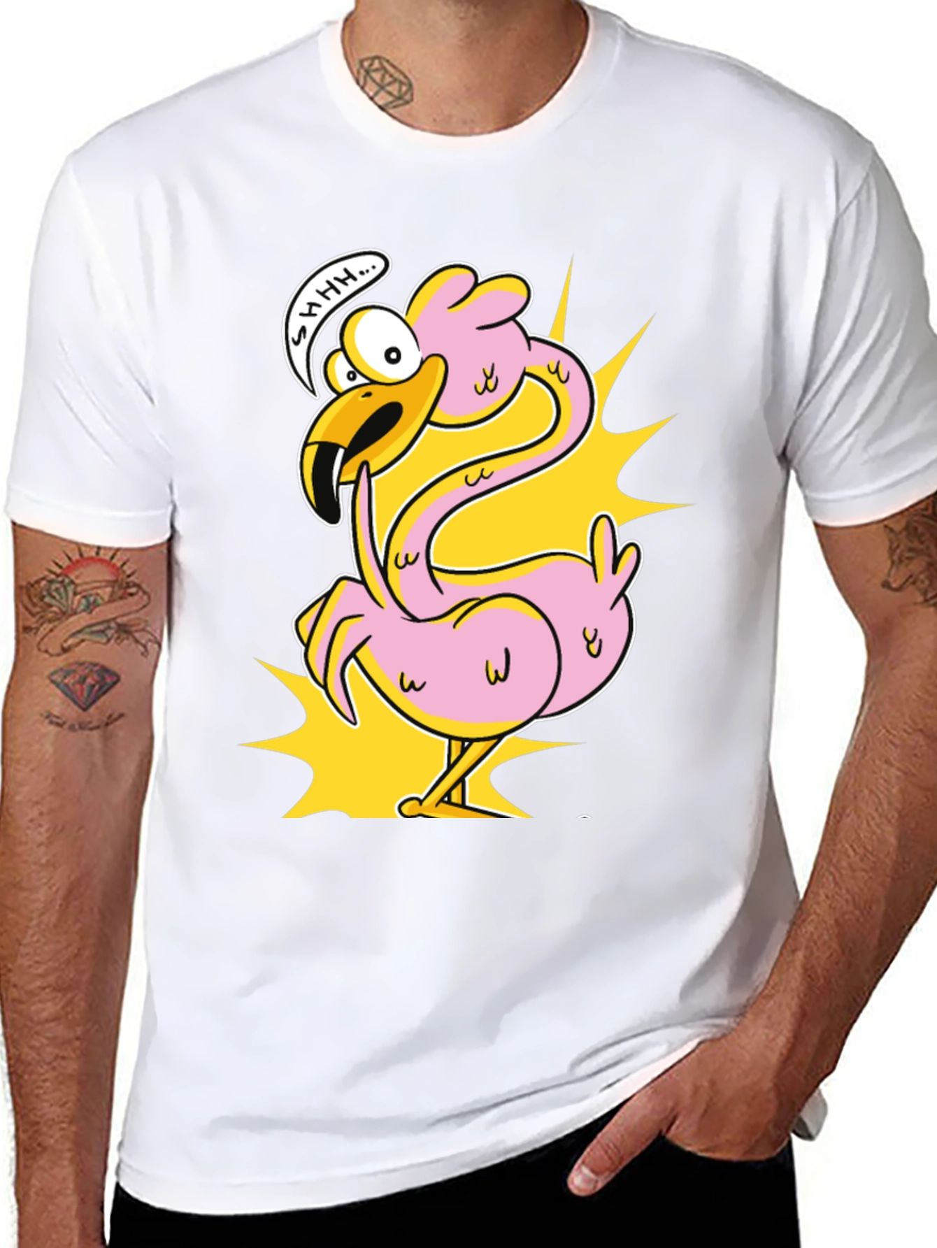 Black Shhh! Flamingo Cartoon Graphic T-Shirt view 8