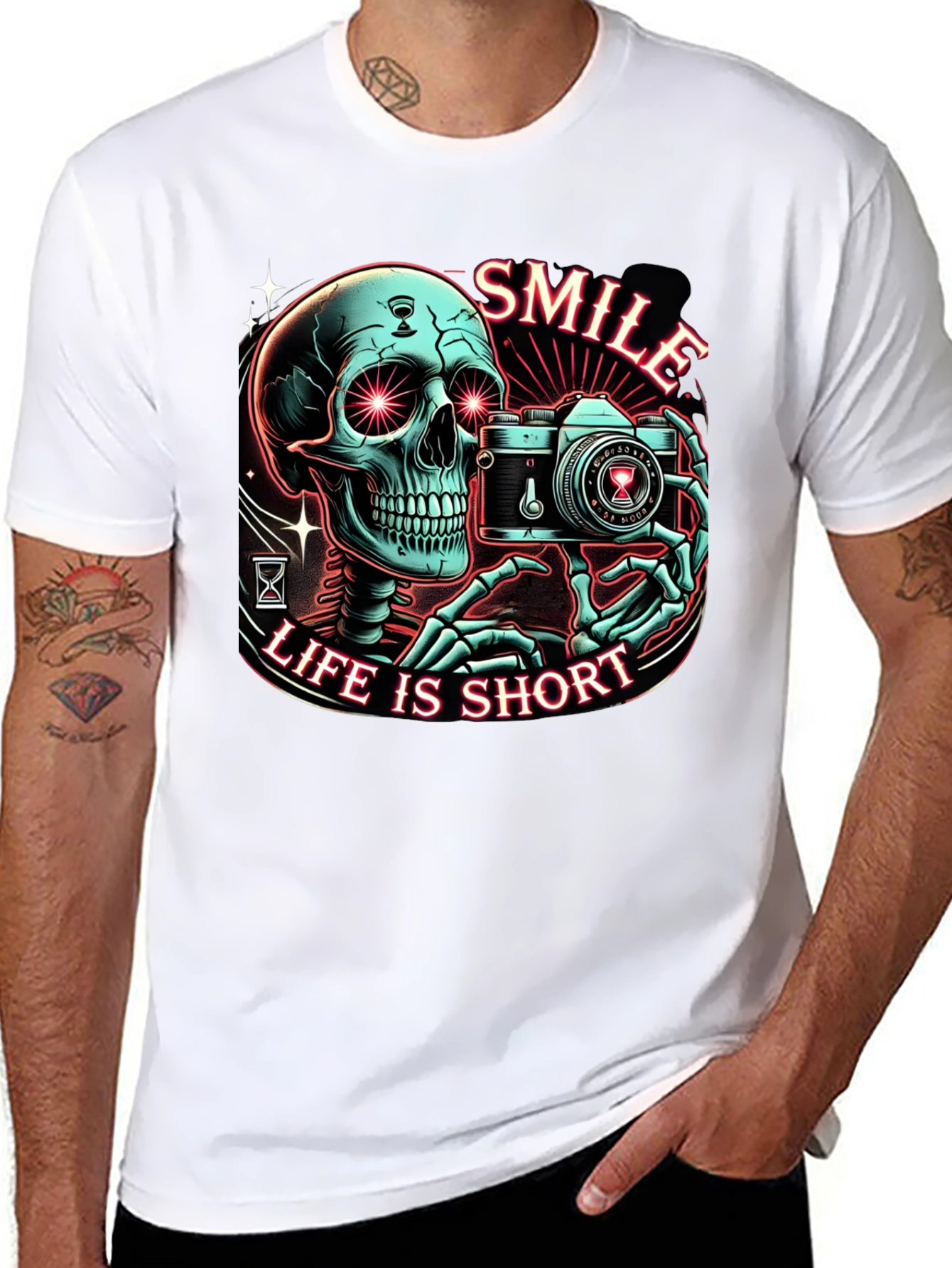 Black Smile Life is Short Graphic Tee - Camera Skeleton T-Shirt view 8