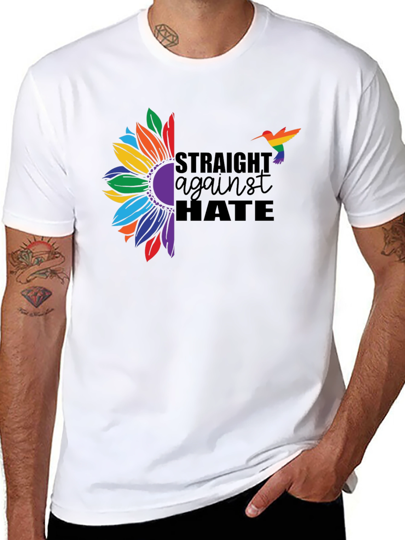 Black Straight Against Hate Sunflower Pride T-Shirt view 8