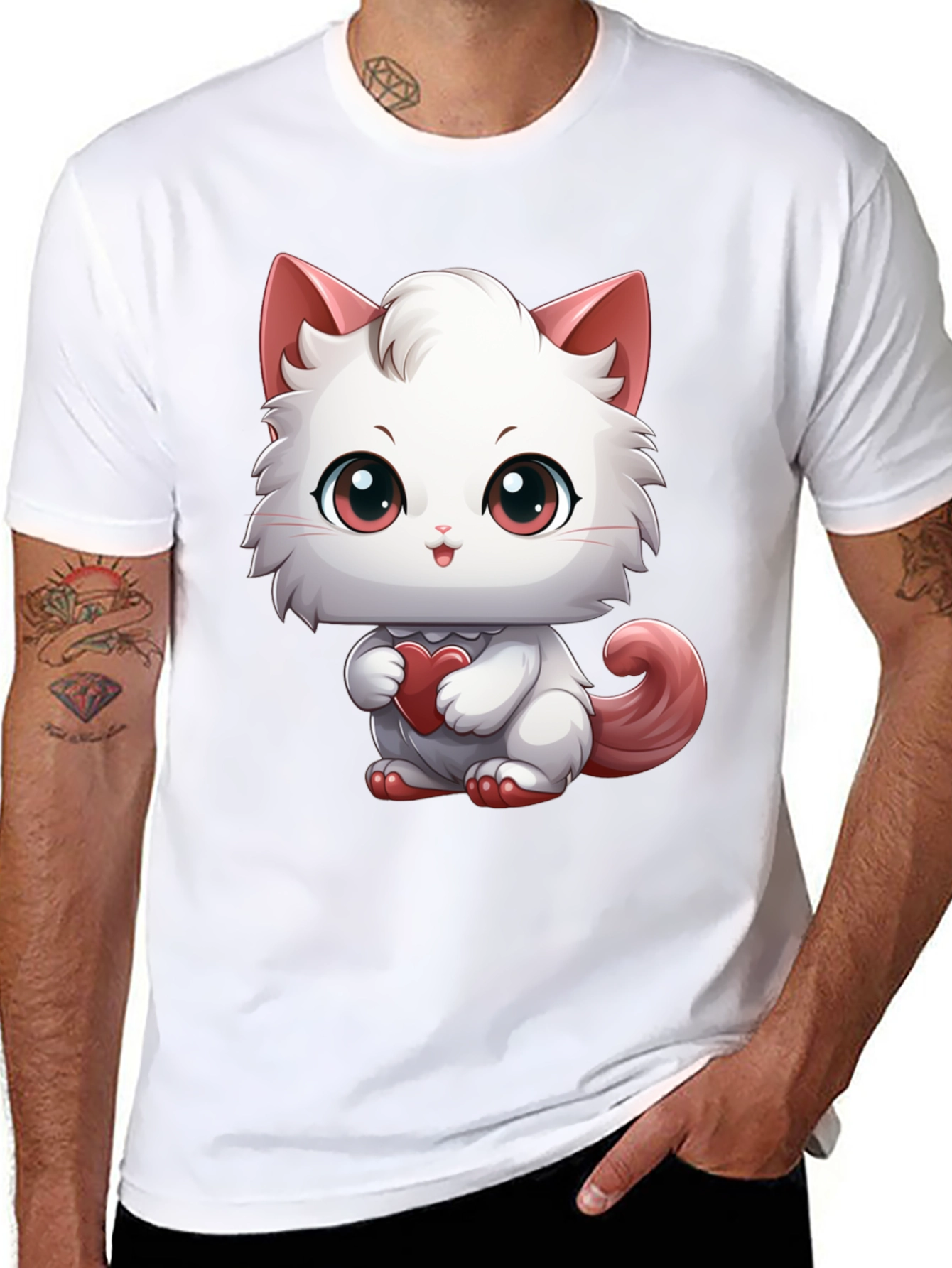 Black Cute Cartoon Cat Heart T-Shirt view 8