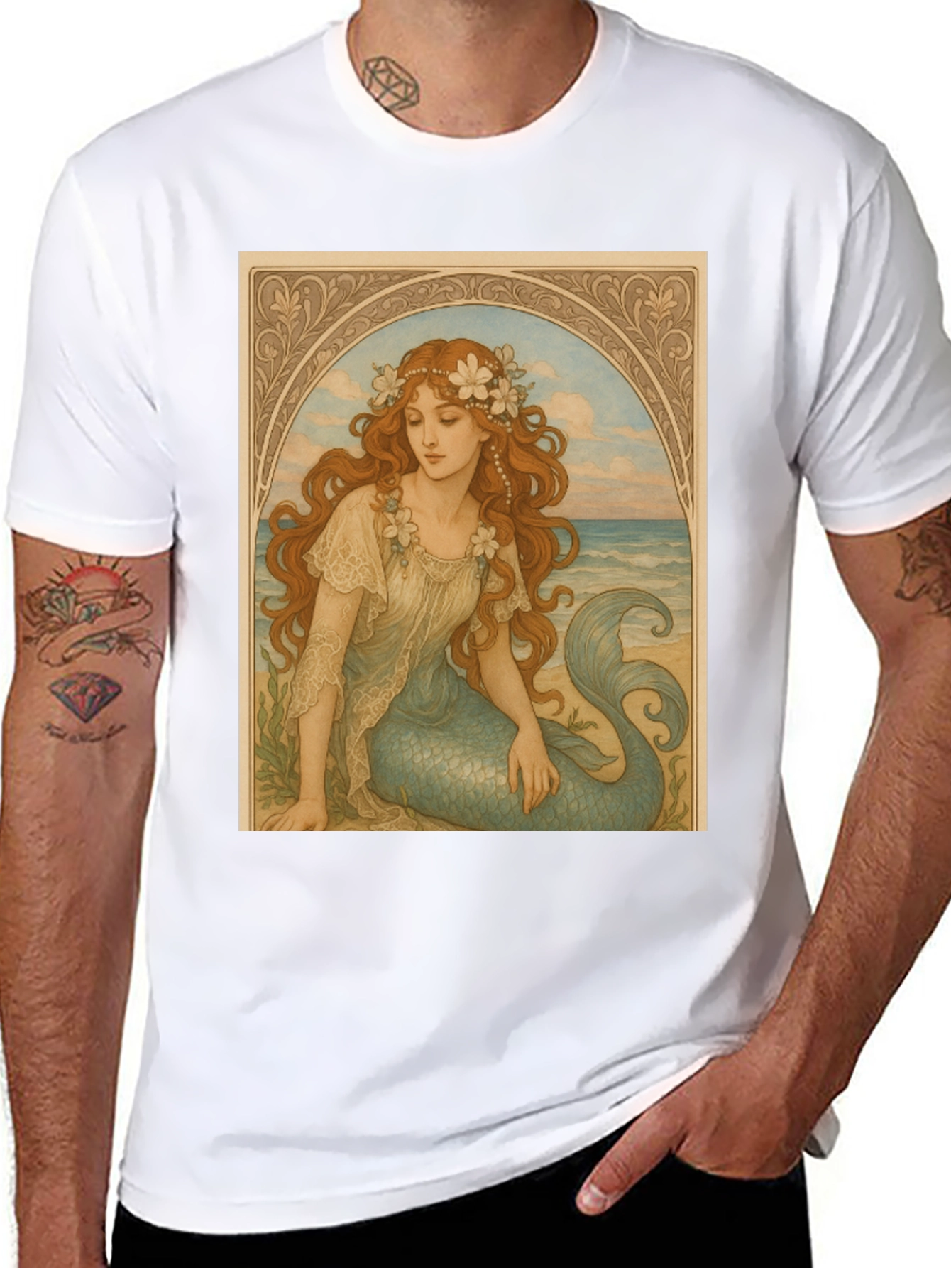 Black Mermaid Art Nouveau Graphic T-Shirt view 8