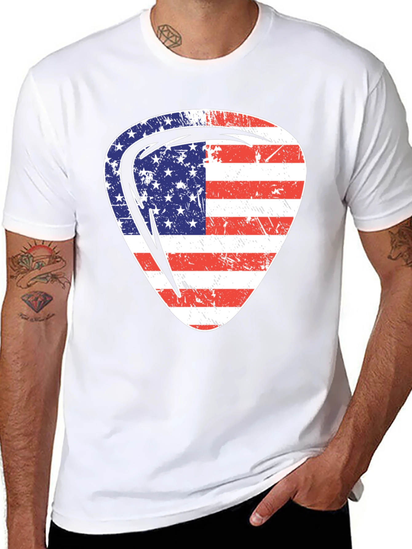 Black USA Flag Guitar Pick Patriotic T-Shirt view 8