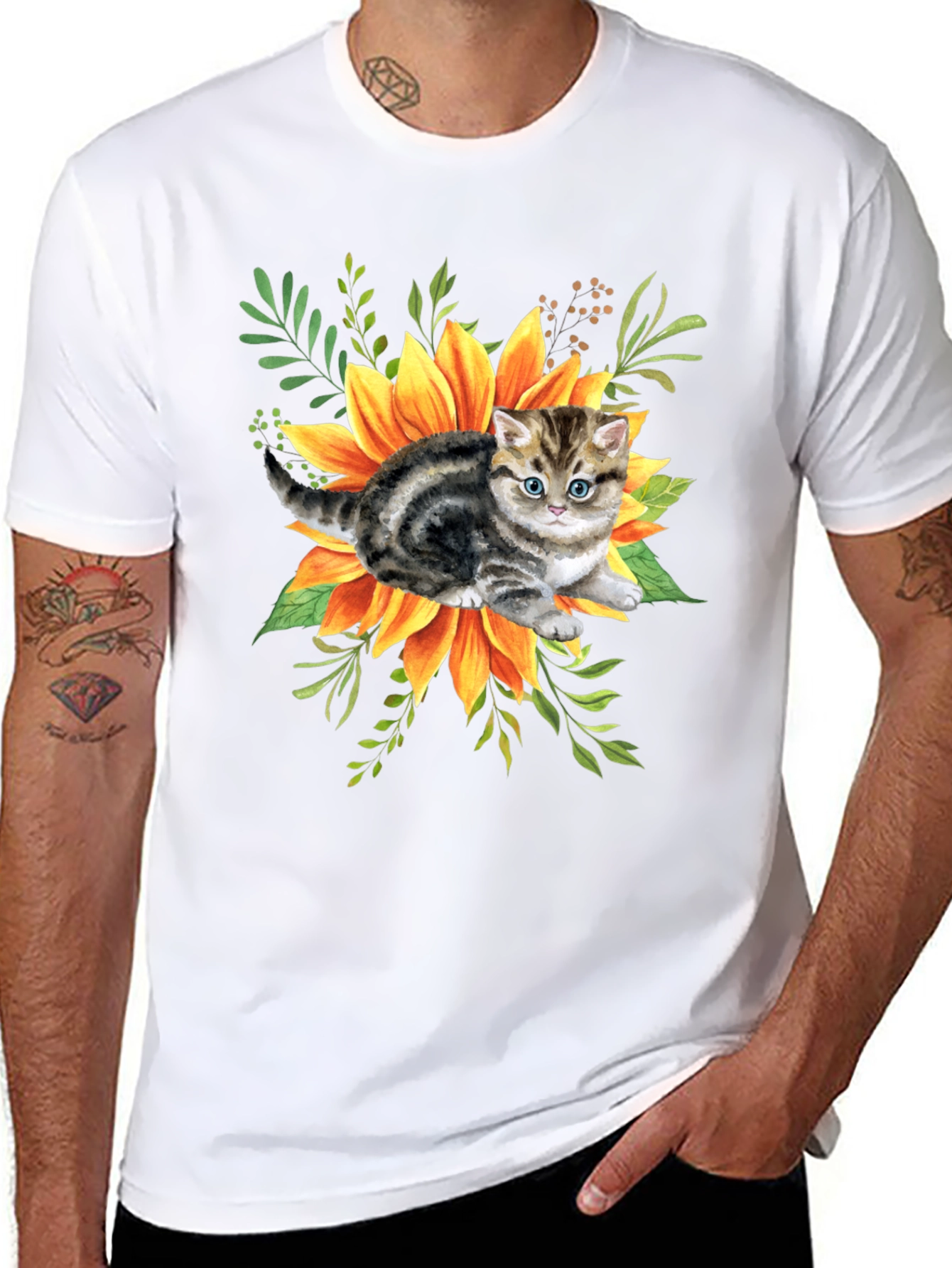 Black Kitten & Sunflower Graphic Tee - Black Cotton Blend view 8