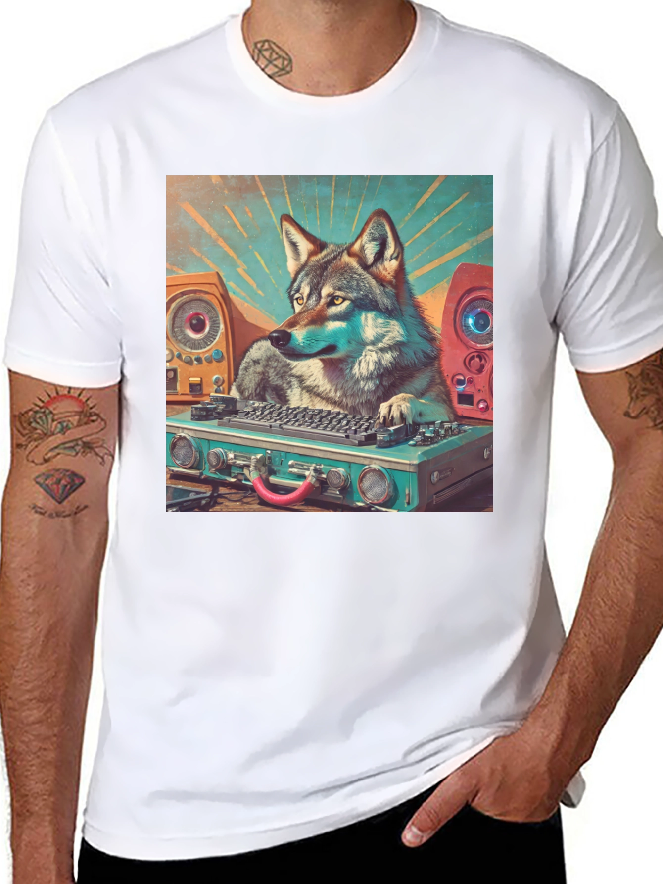 Black DJ Wolf Graphic Tee - Cool Animal Music Lover T-Shirt view 8