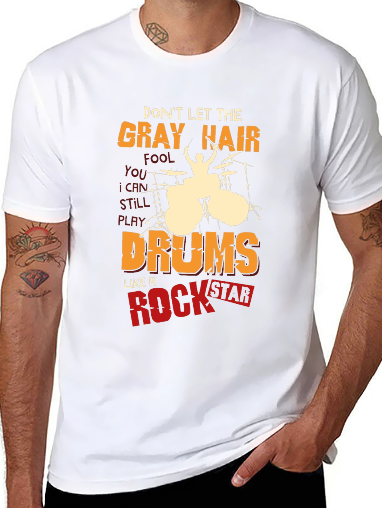 Black Gray Hair Rock Star Drums Graphic Tee view 8