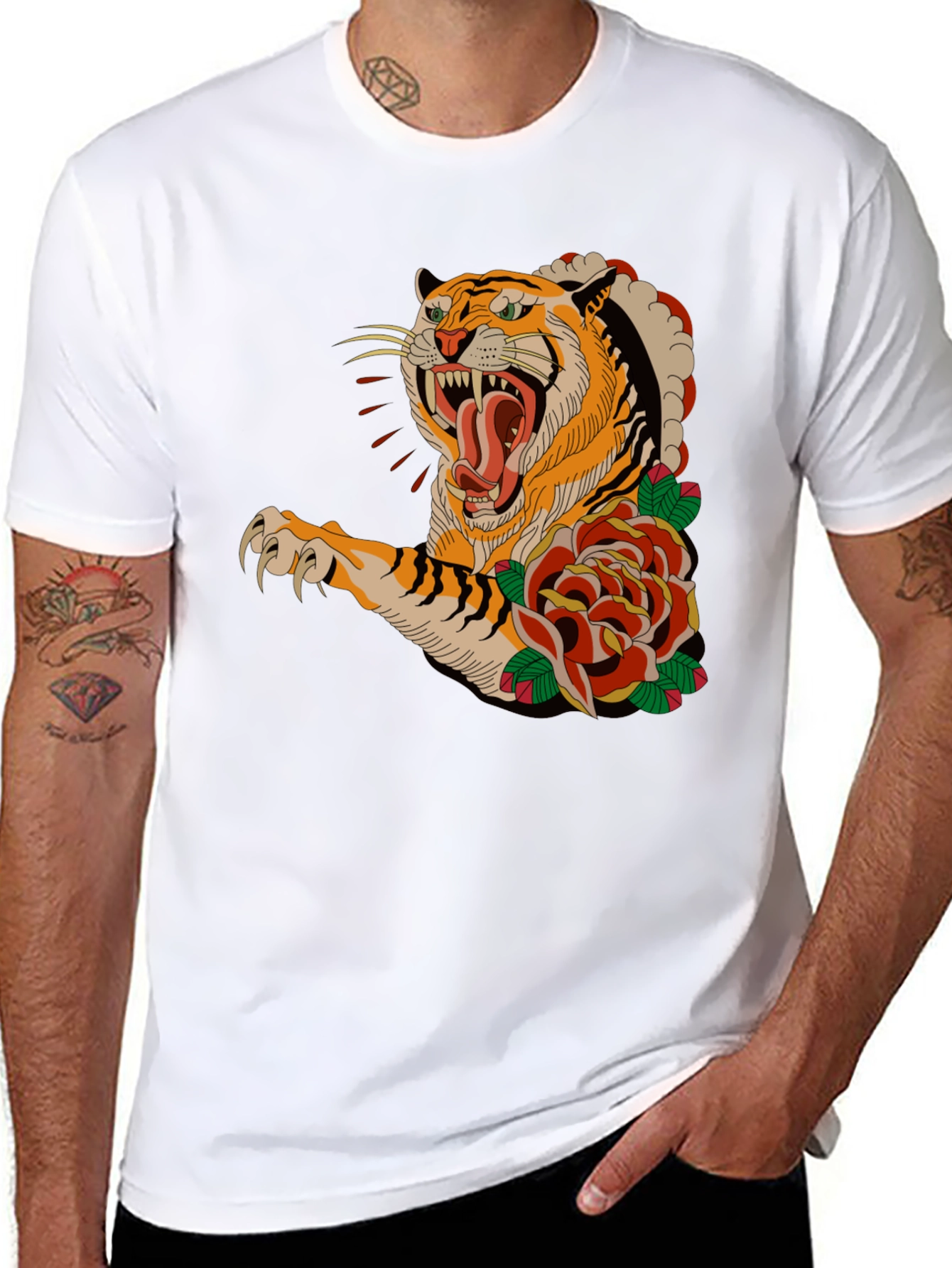 Tiger & Roses Graphic T-Shirt - Bold Black Tee - 8