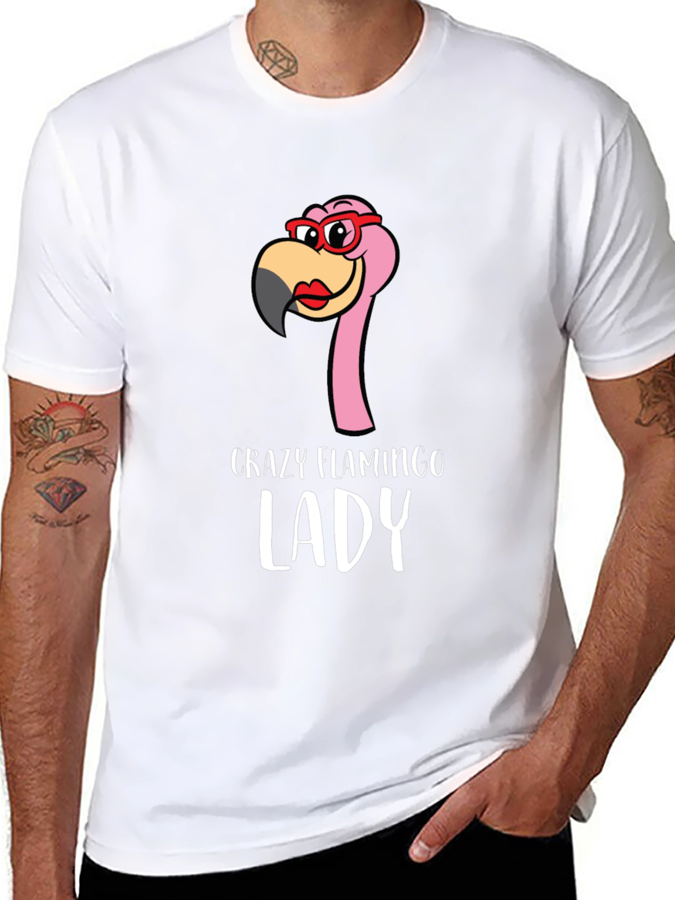 Black Crazy Flamingo Lady Graphic Tee - Novelty Shirt view 8