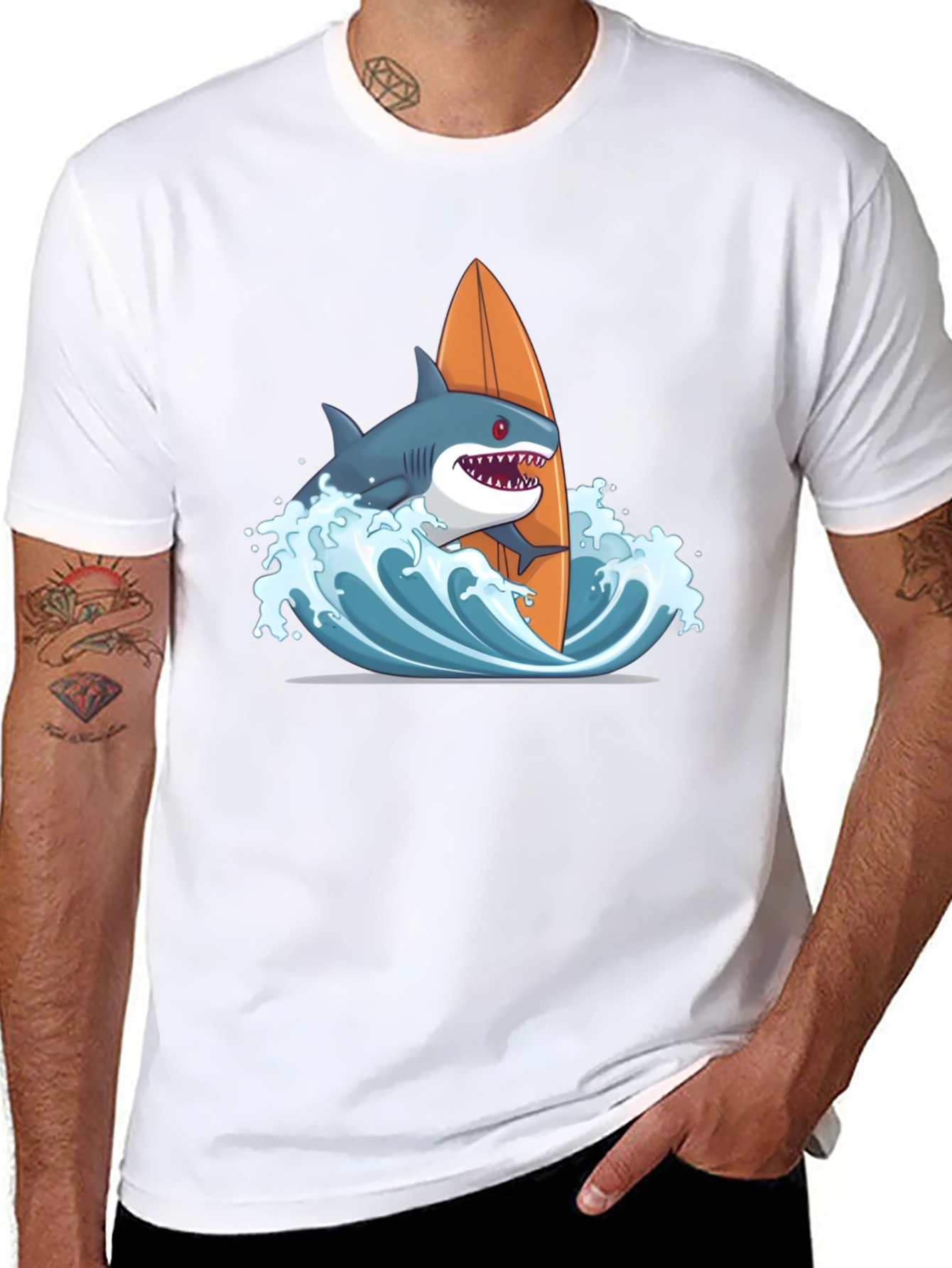 Black Shark Surfing Graphic T-Shirt - Black Cotton Tee view 8