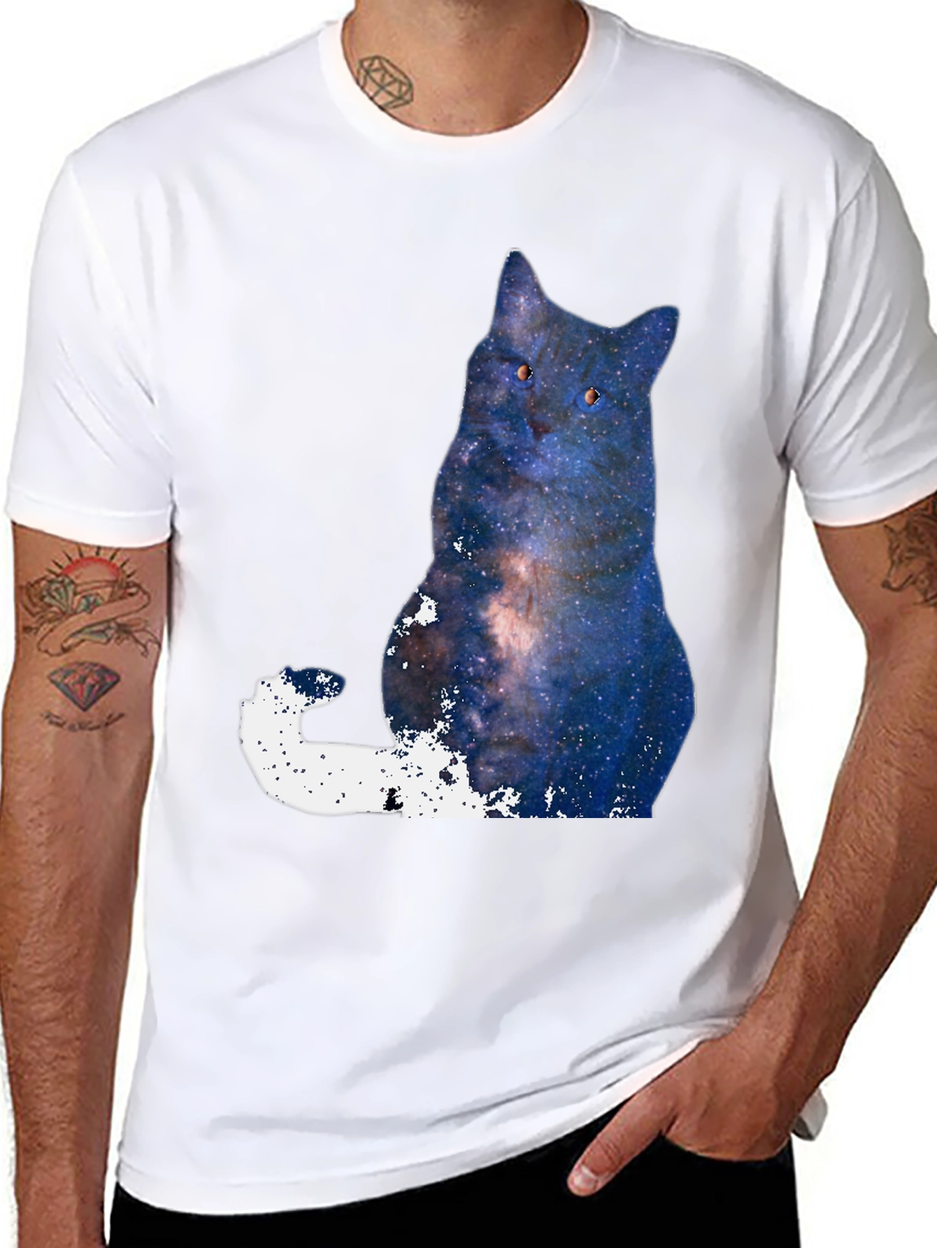 Black Galaxy Cat Graphic T-Shirt - Men's Black Tee view 8