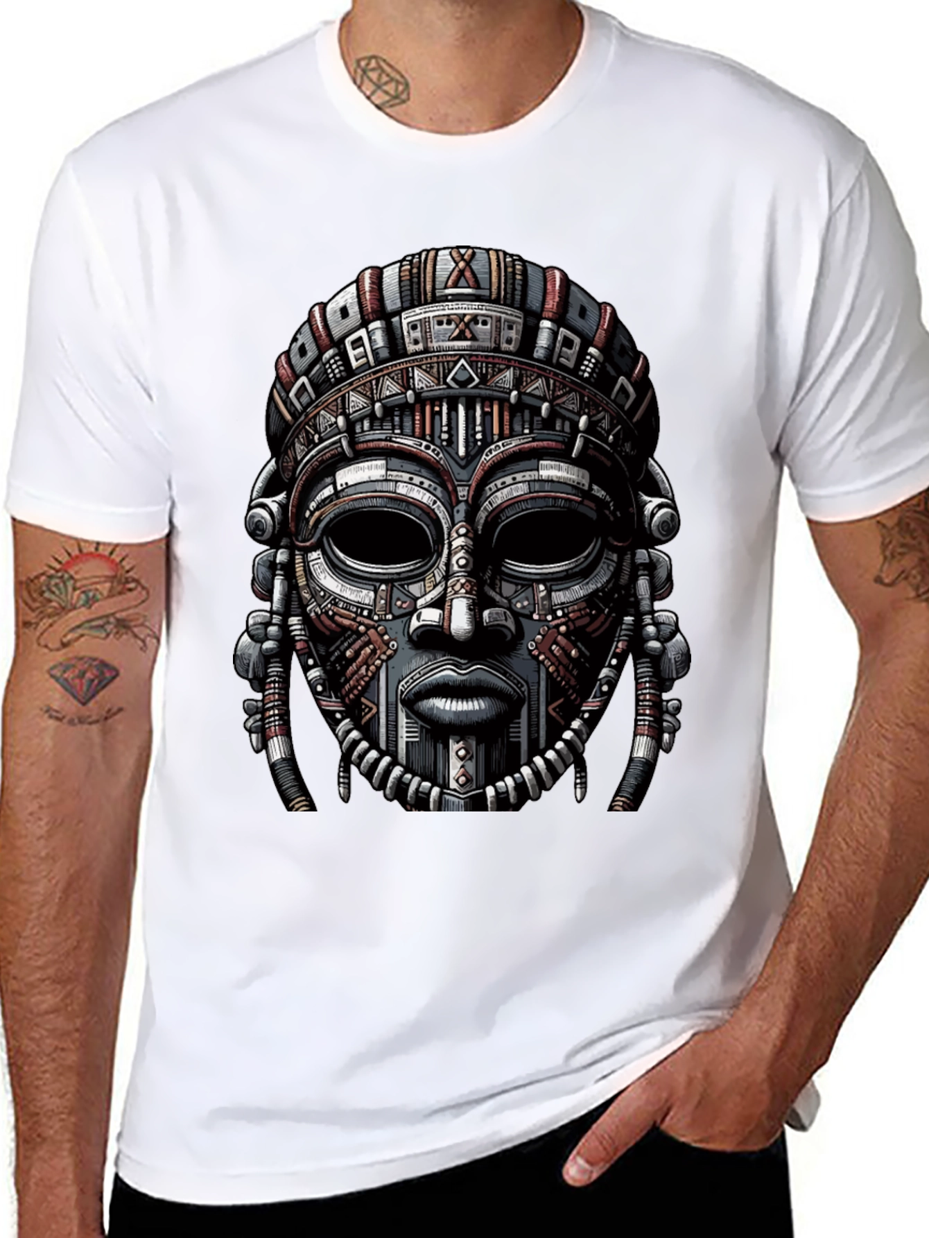 Black Tribal Mask Graphic Print T-Shirt view 8