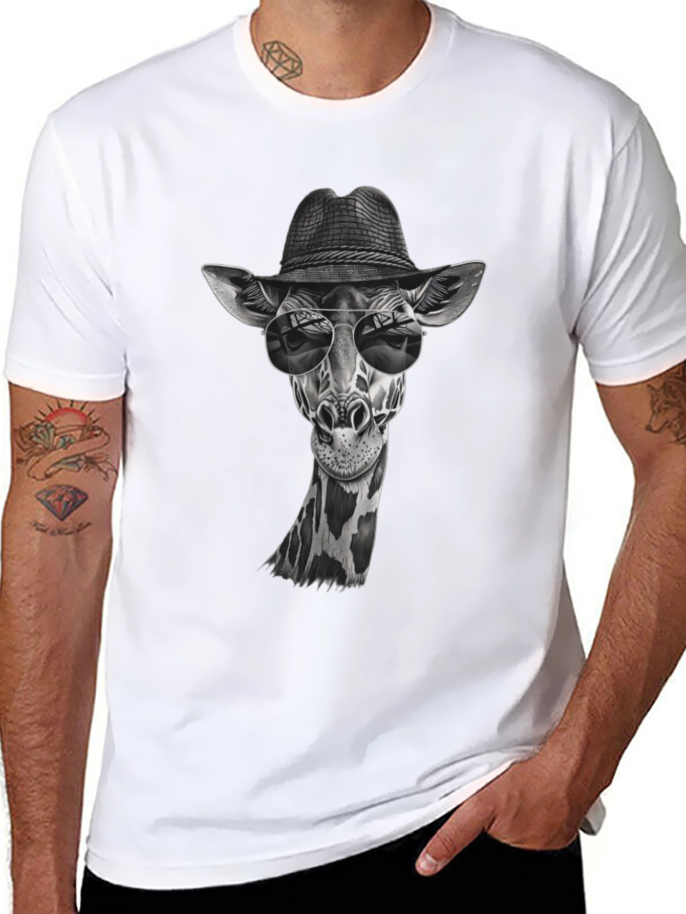 Black Cool Giraffe in Hat Graphic T-Shirt view 8