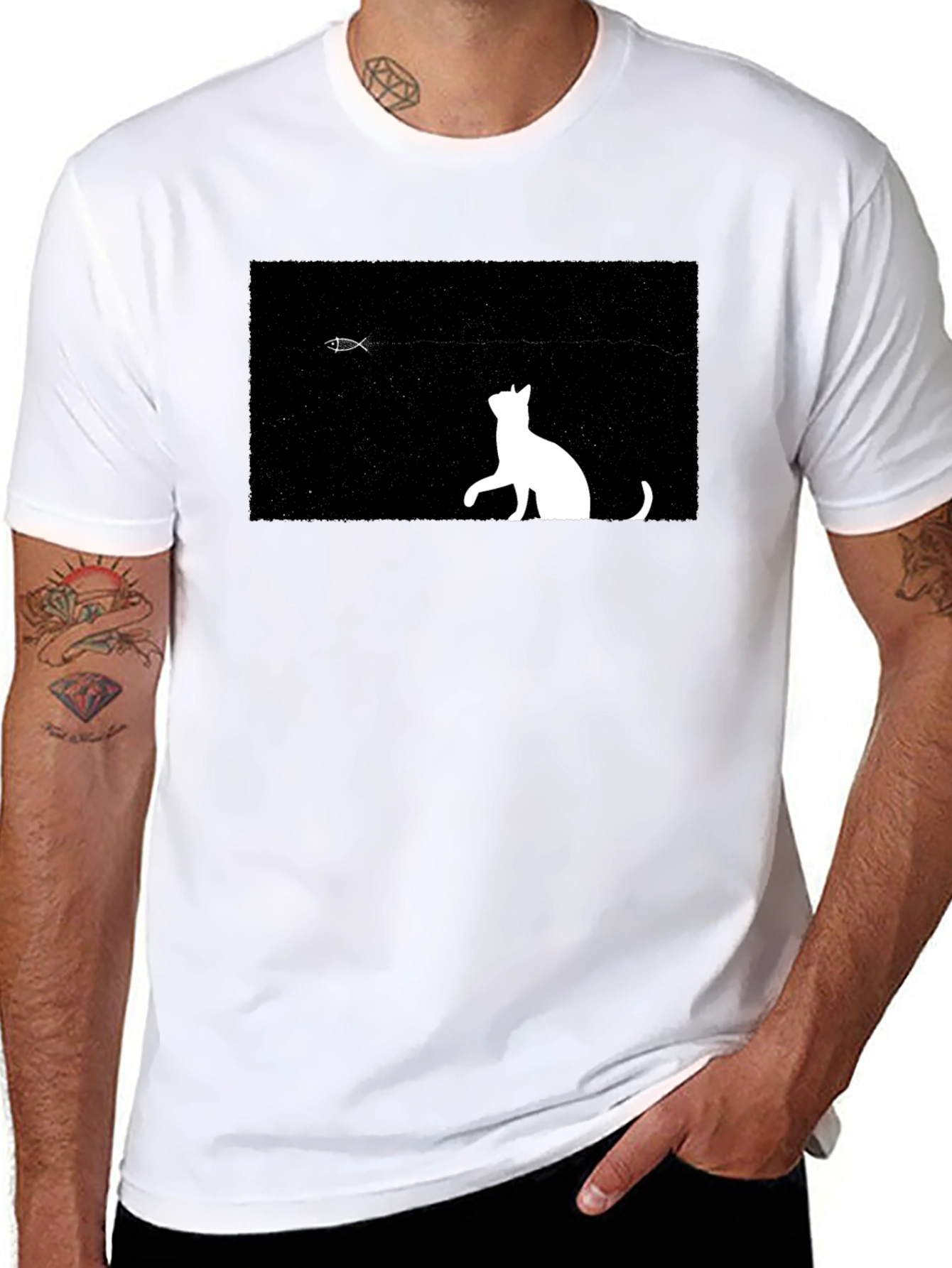 Black Cat & Fish Graphic Black Tee view 8
