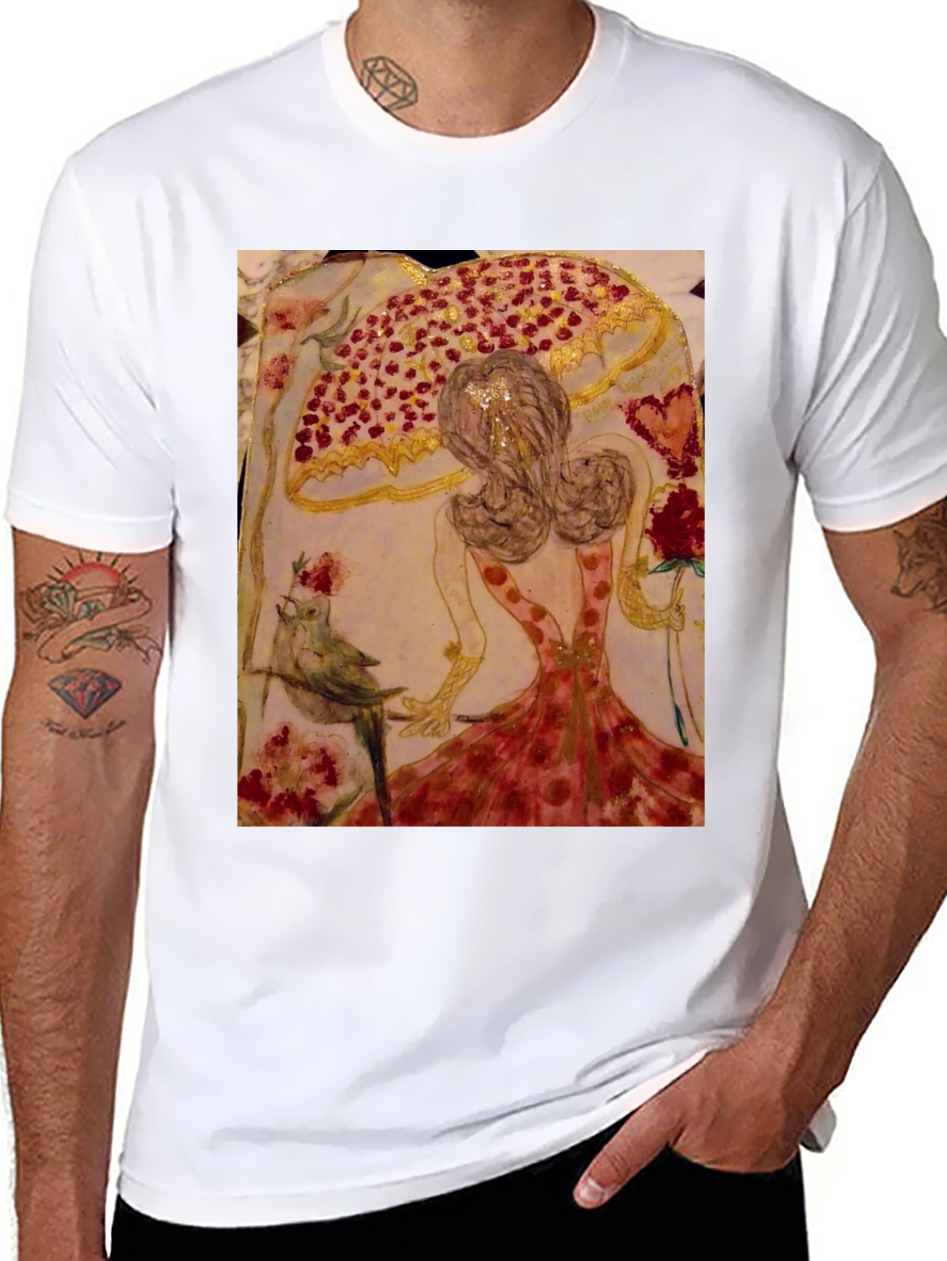 Black Whimsical Art T-Shirt: Bird, Roses, & Dancer view 8