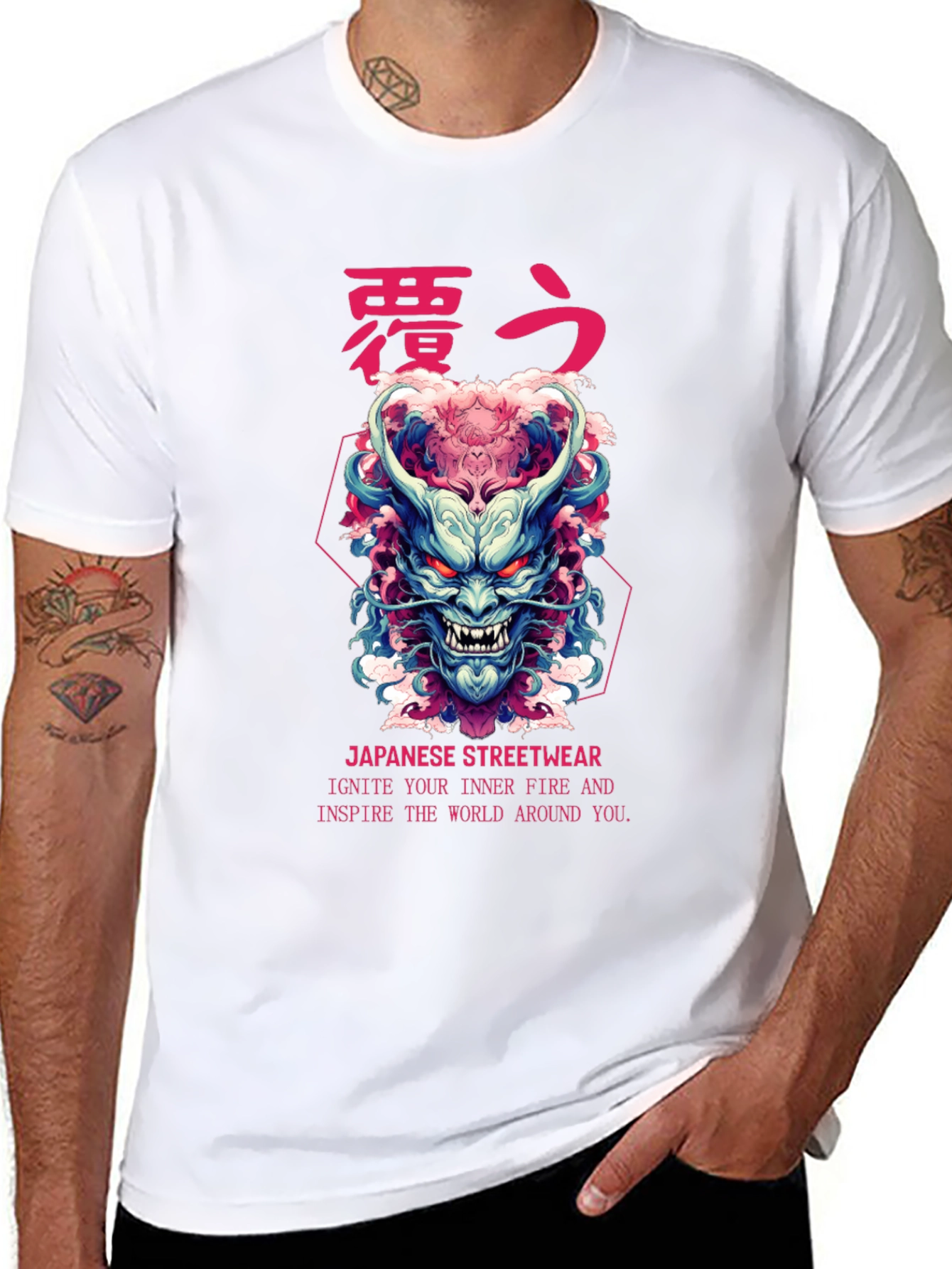 Black Japanese Oni Mask Graphic T-Shirt view 8