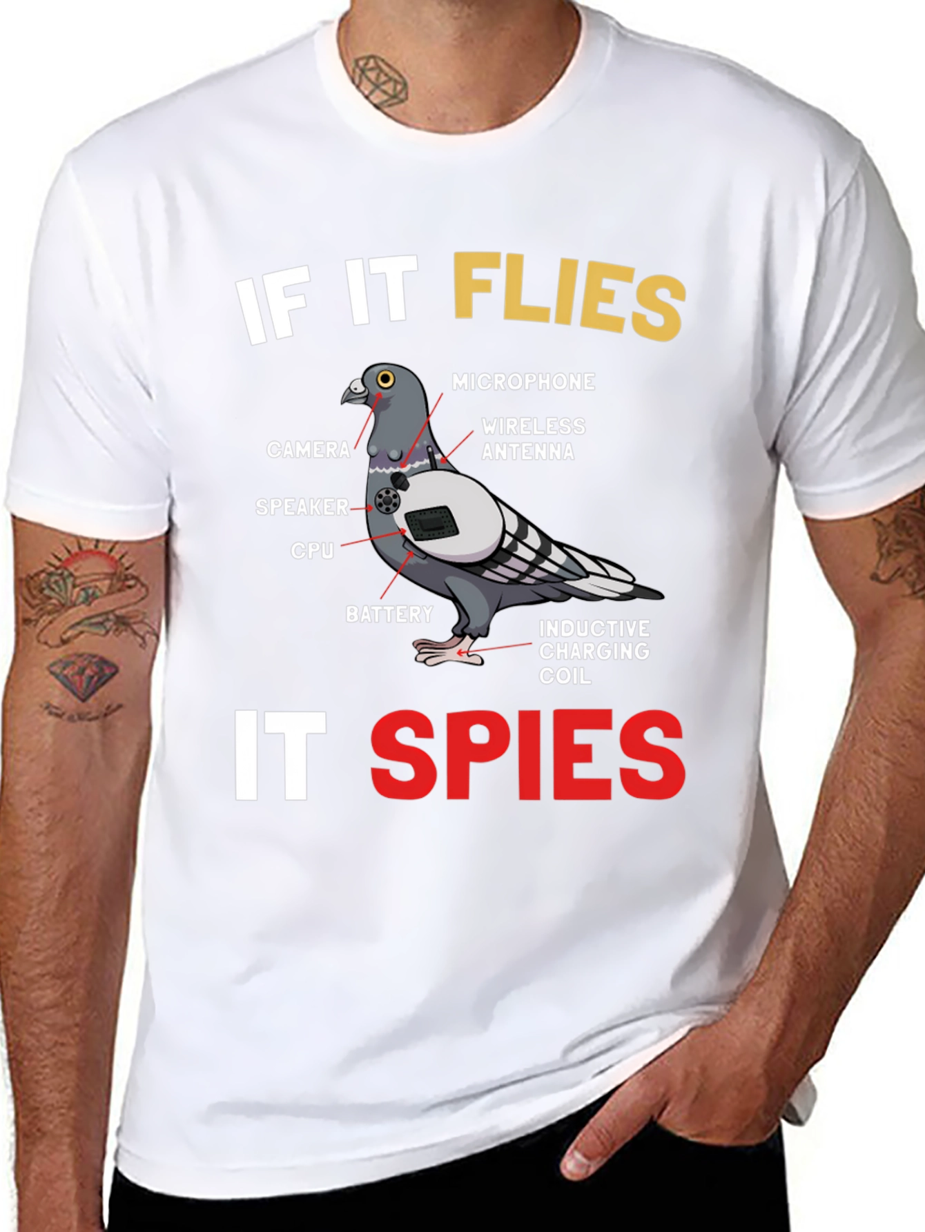 Black If It Flies It Spies Pigeon T-Shirt view 8