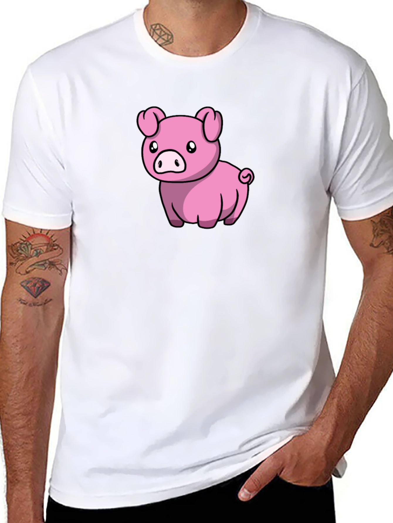 Black Cute Pig Cartoon Black T-Shirt view 8
