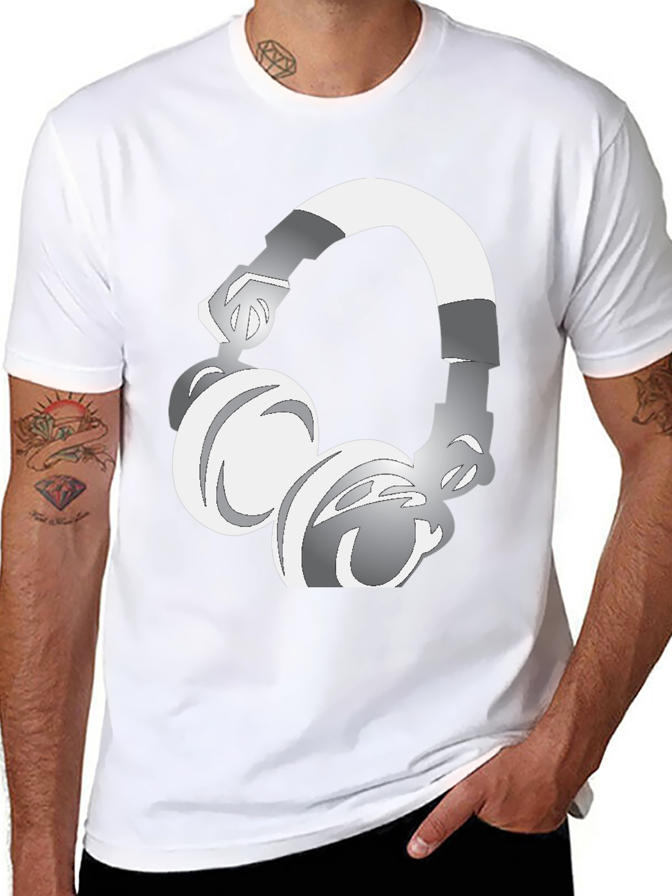 Black Cool Graphic Tee: Silver Headphones Design view 8