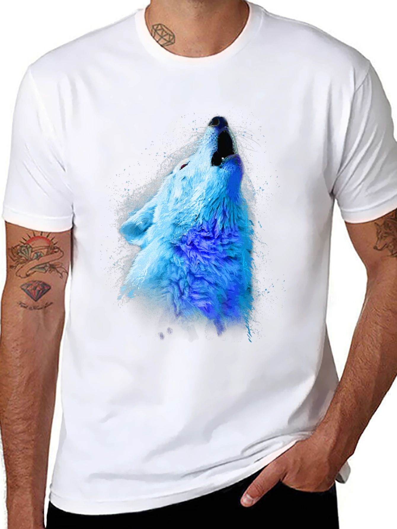 Black Blue Wolf Graphic Tee - Men's Black Crew Neck T-Shirt view 8