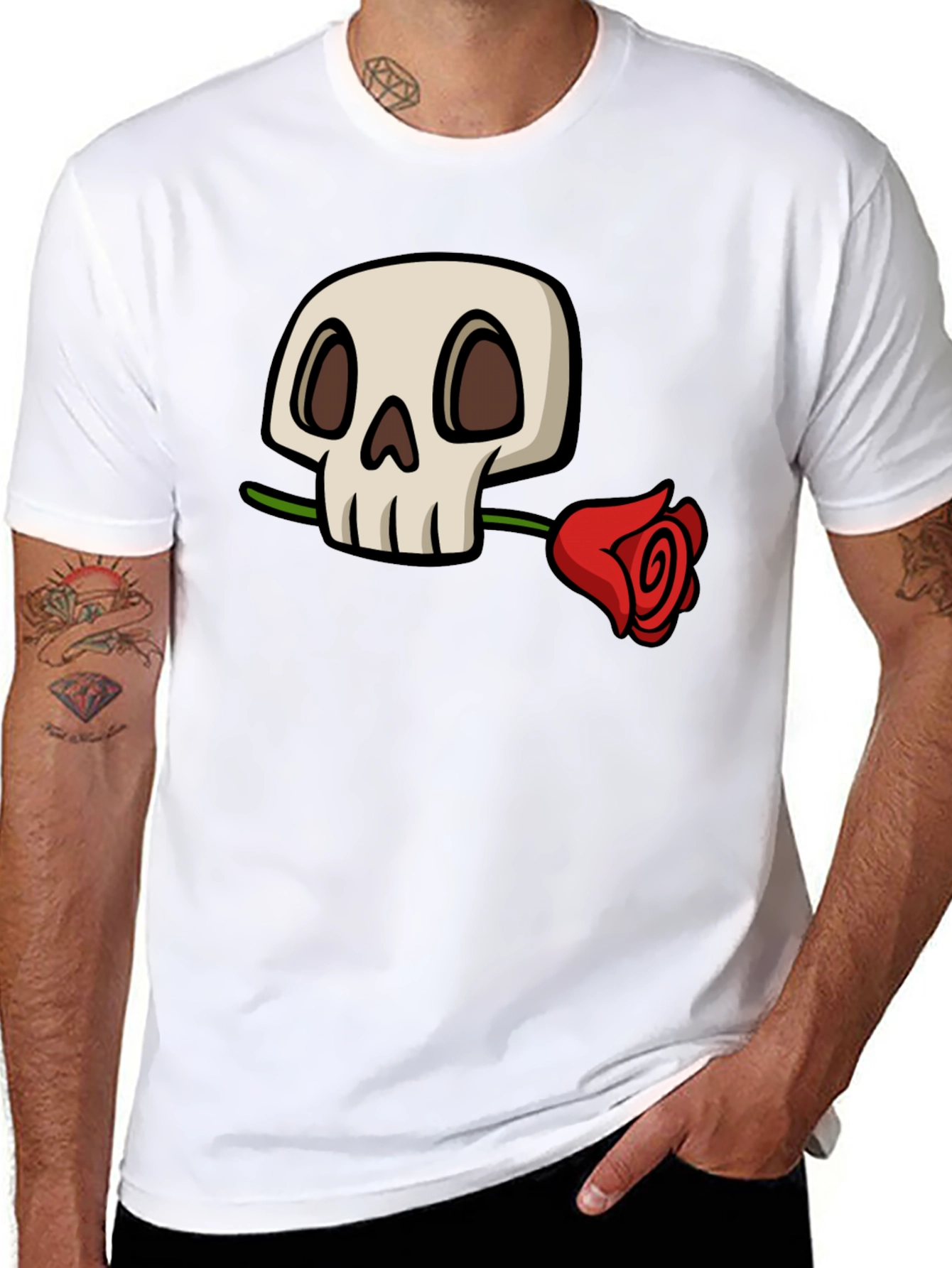 Black Skull and Rose Graphic T-Shirt - Cool Black Tee view 8