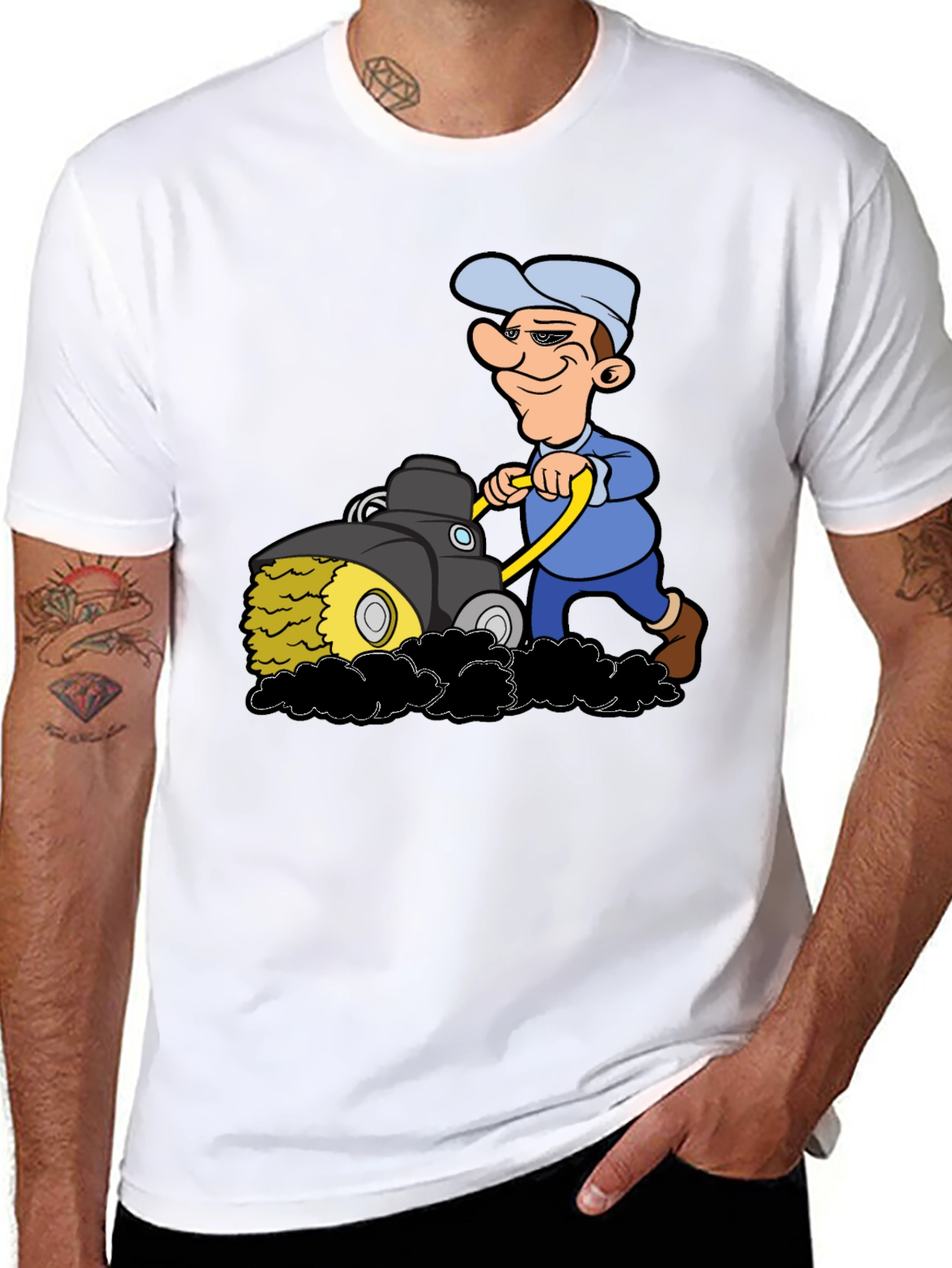 Black Cartoon Lawn Mower T-Shirt view 8