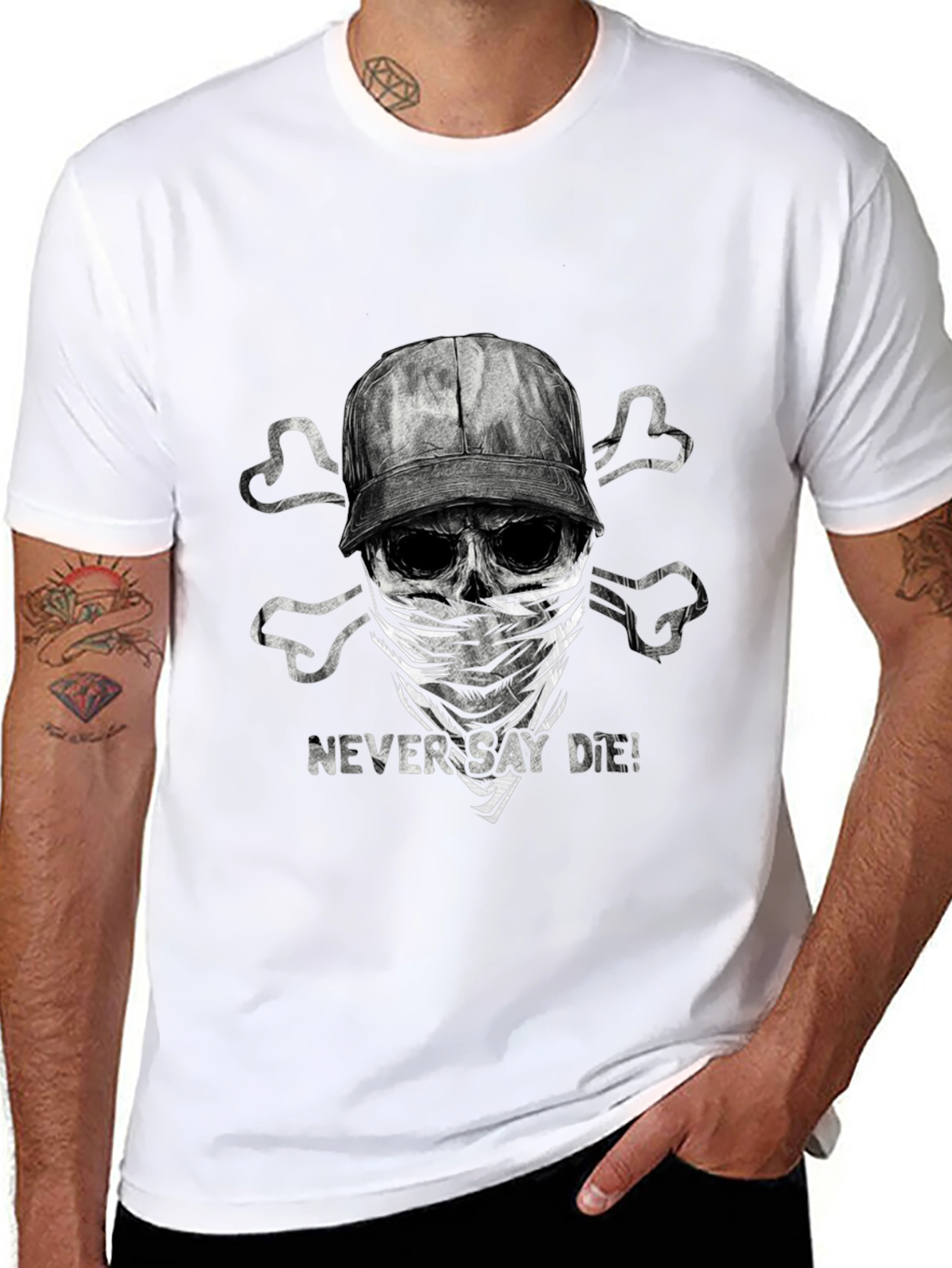 Black Never Say Die T-Shirt - Skull & Crossbones Design view 8