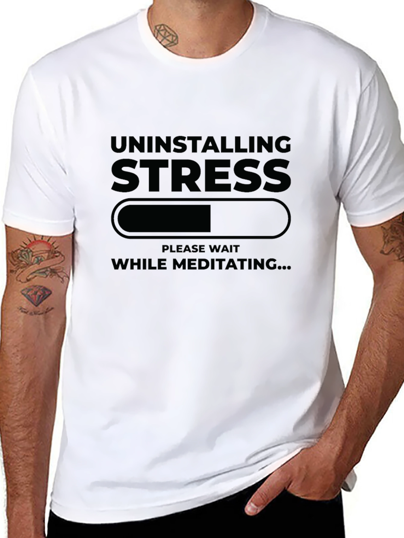 Black Uninstalling Stress Funny Meditation T-Shirt view 8