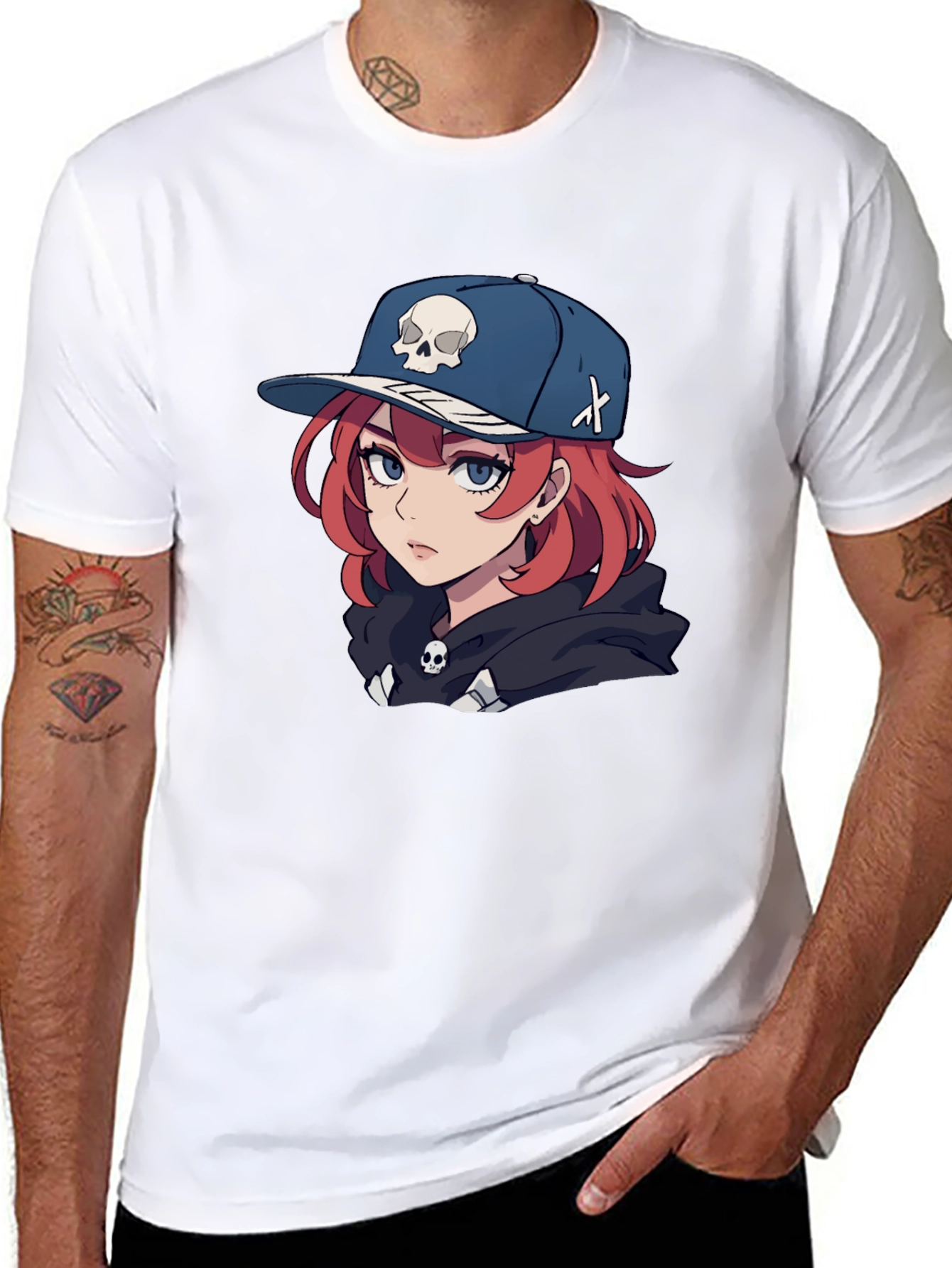 Black Anime Girl Skull Hat Graphic Black T-Shirt view 8
