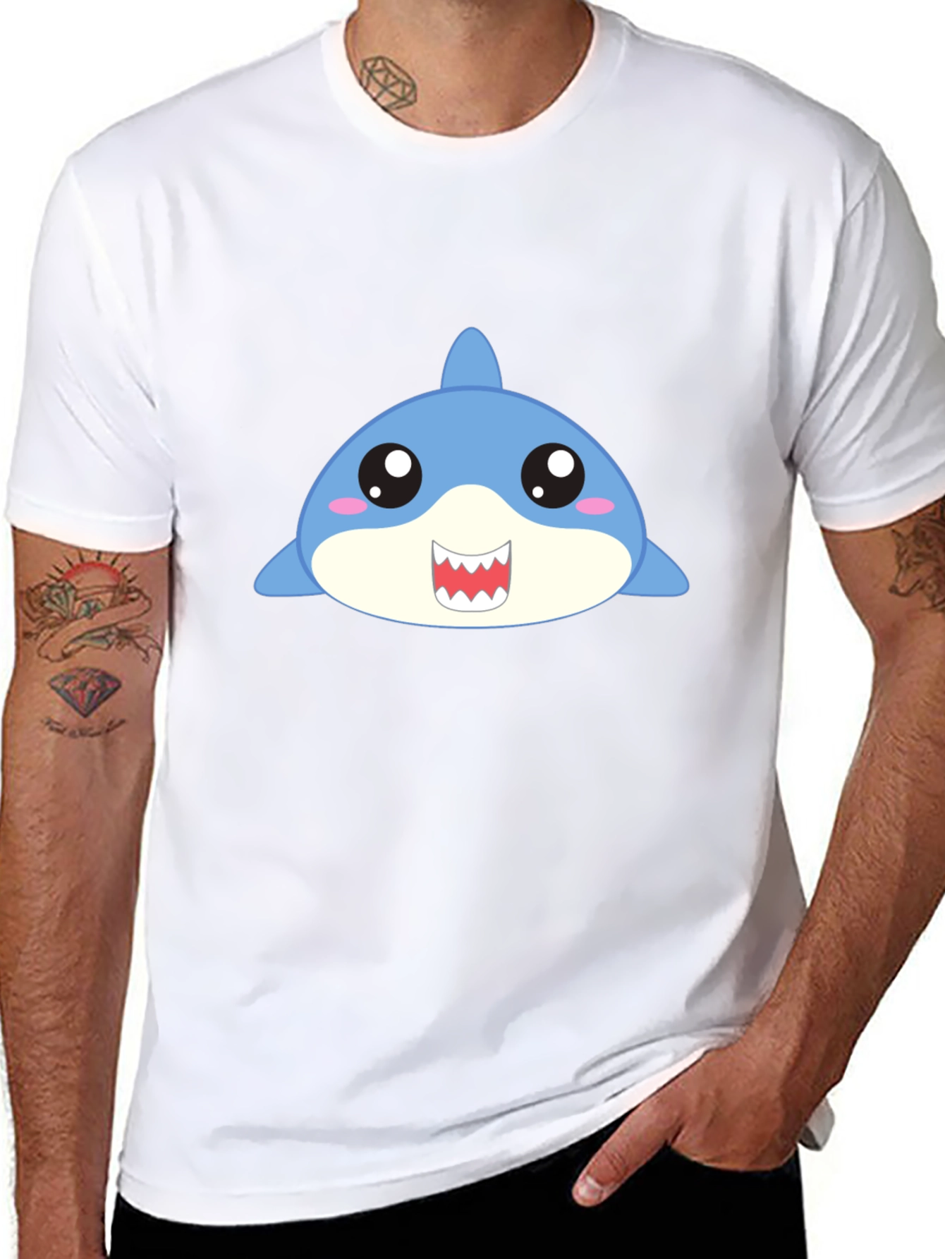Black Cute Cartoon Shark Graphic Black T-Shirt view 8