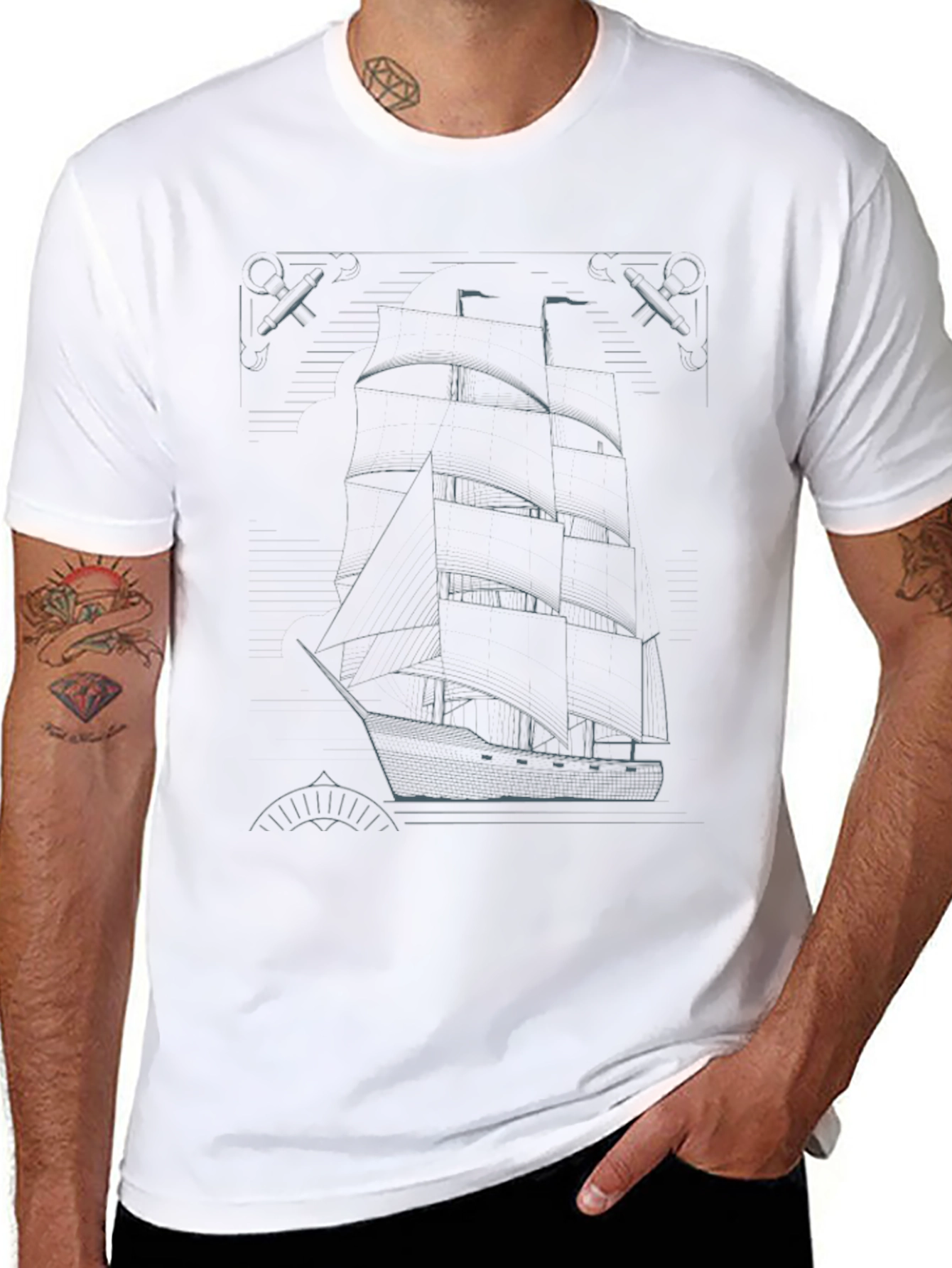 Black Nautical Blueprint T-Shirt - Black Ship Graphic Tee view 8