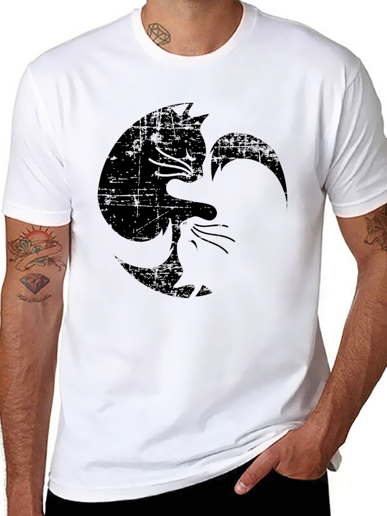 Black Distressed Yin Yang Cat Graphic Tee view 8
