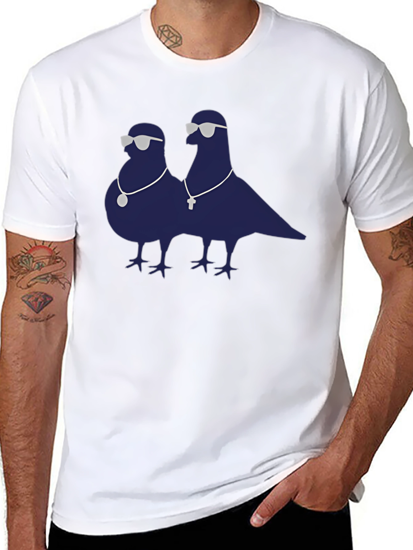 Black Cool Pigeons Graphic Tee - Black Cotton Blend T-Shirt view 8