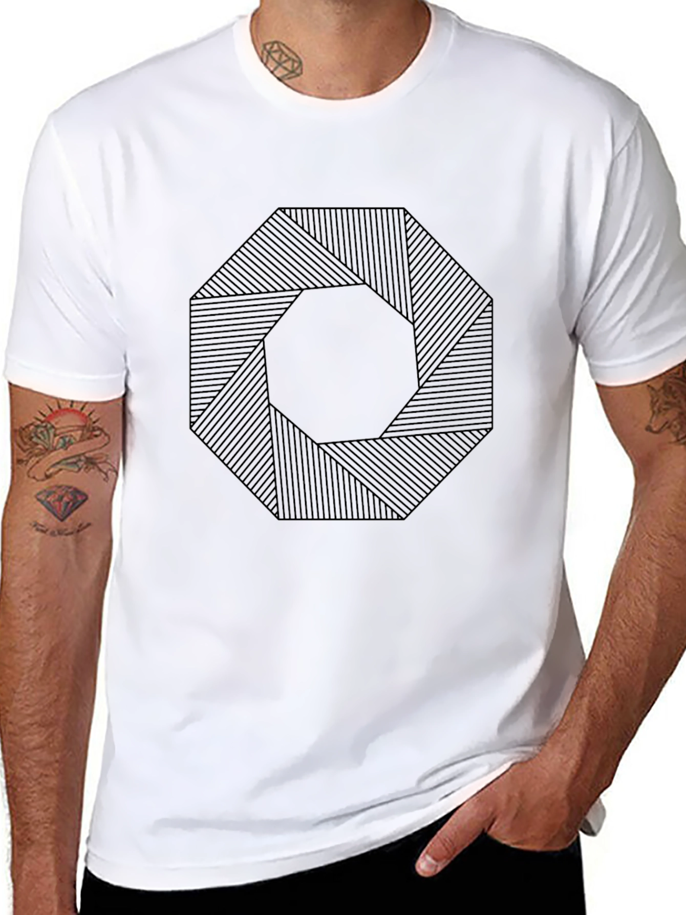 Black Geometric Octagon Pattern Black T-Shirt view 8