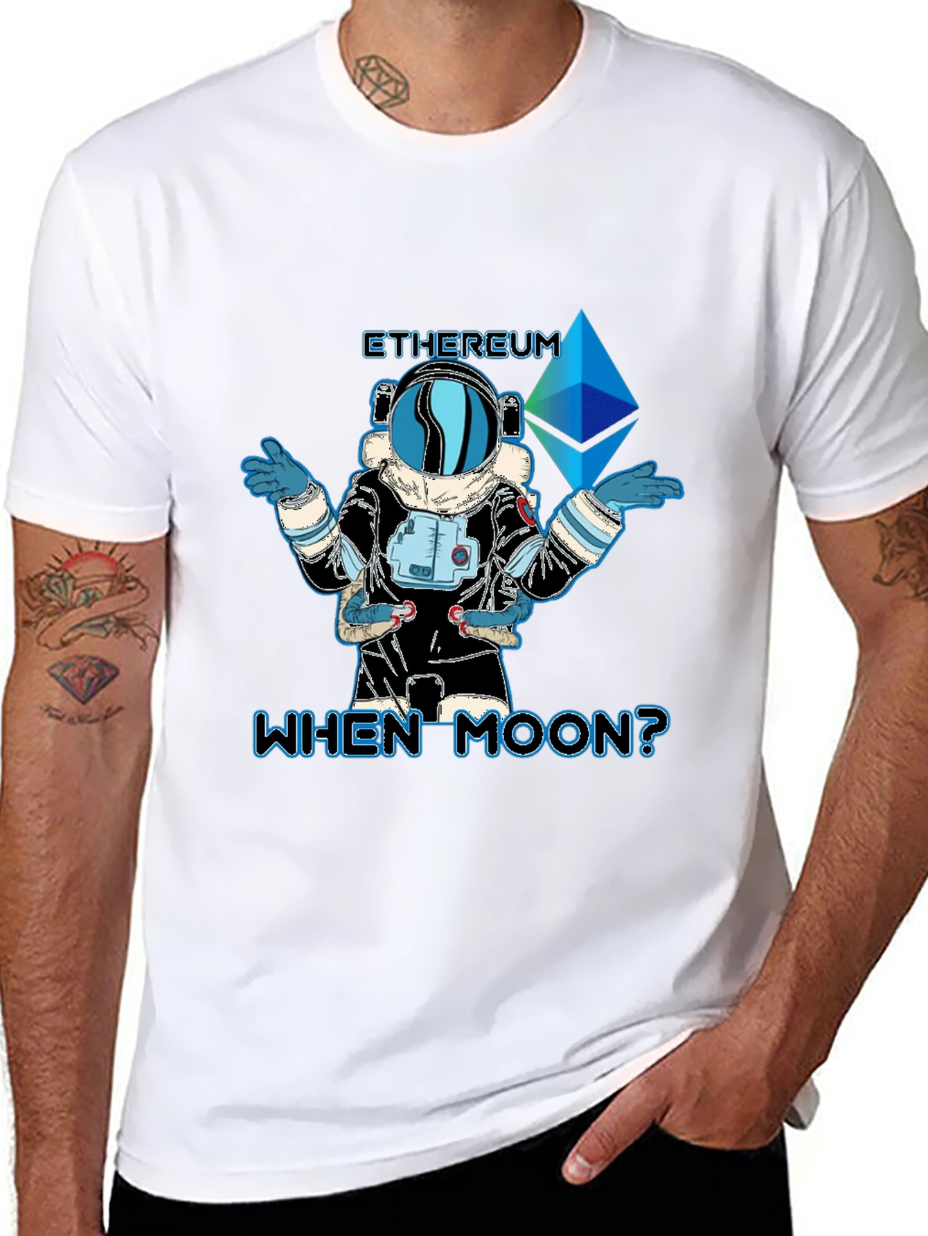 Black Ethereum Crypto 'When Moon?' Black T-Shirt view 8
