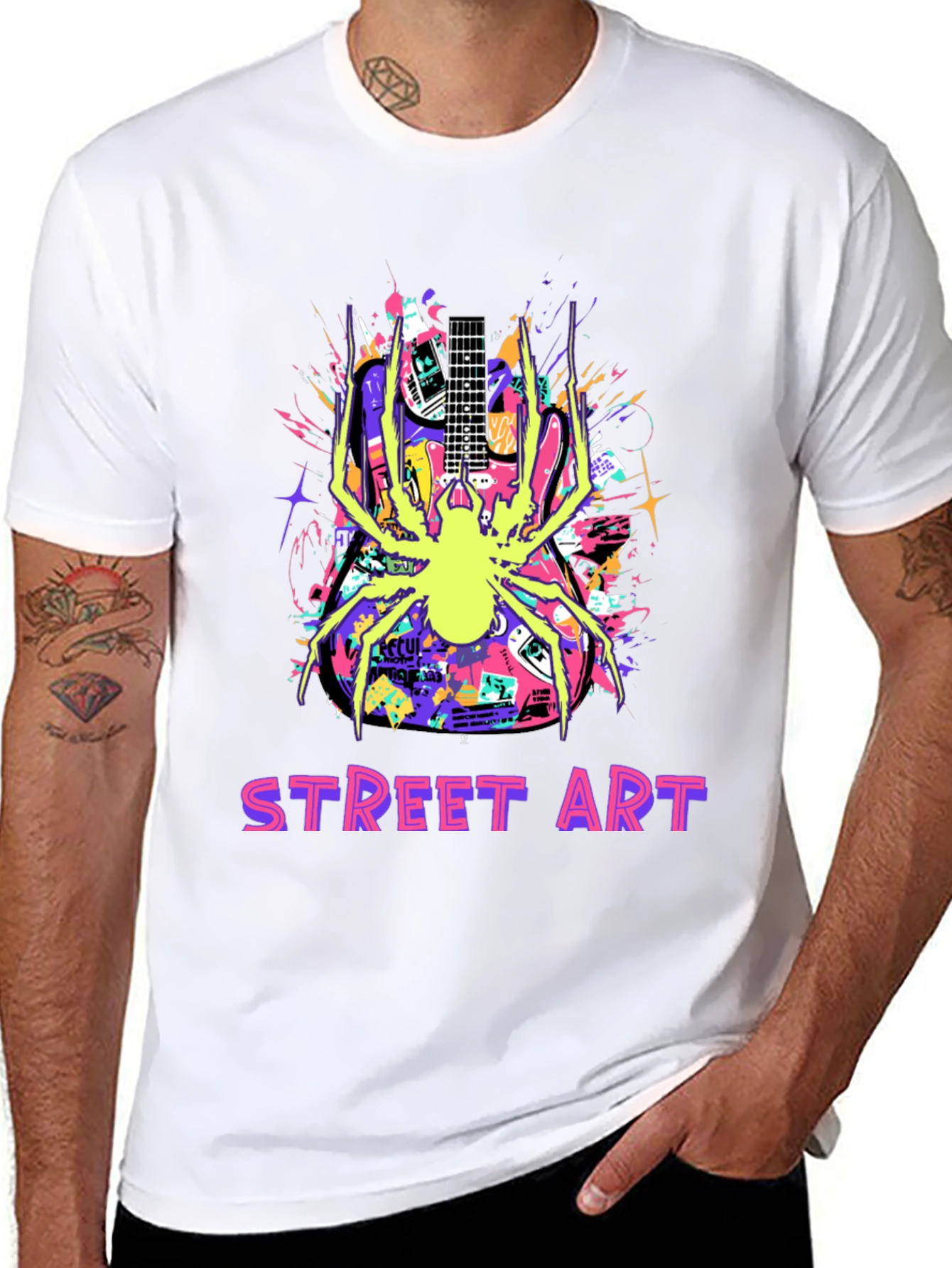 Black Street Art Guitar Spider Graphic T-Shirt view 8